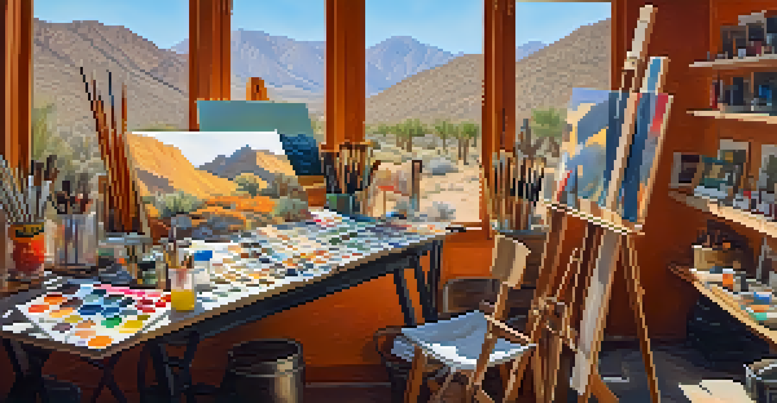 An artist working in a bright studio, surrounded by art supplies and colorful paintings, capturing a creative atmosphere.