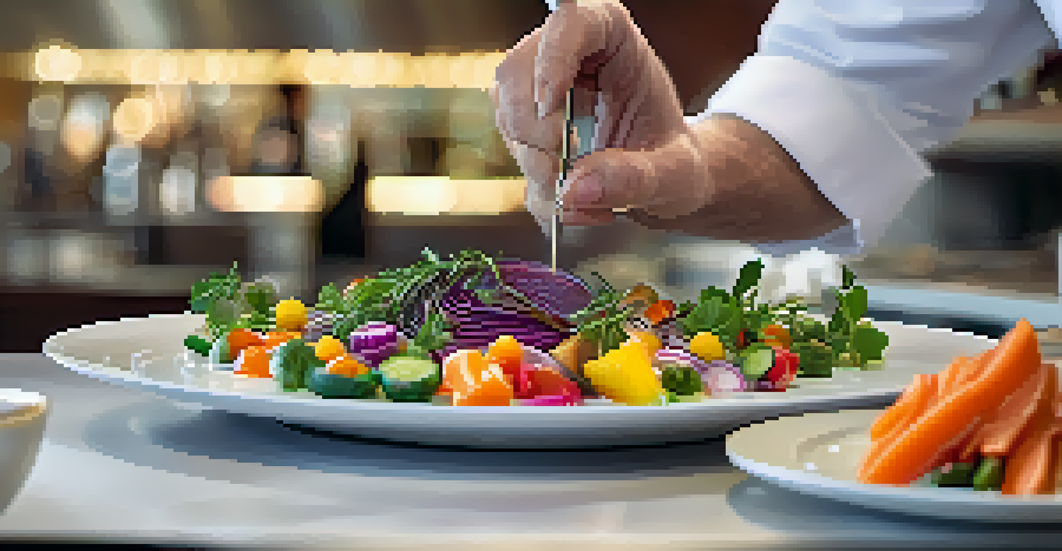 A chef plating a colorful seasonal dish with a glass of wine beside it, captured in a Palm Springs restaurant kitchen.