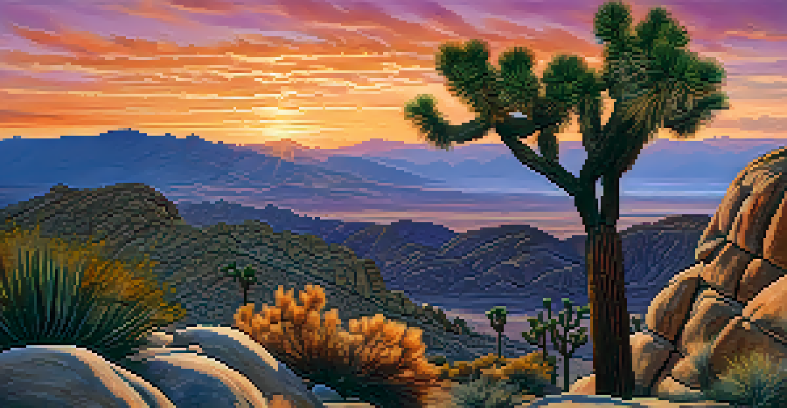 A vibrant sunset view from Keys View in Joshua Tree National Park, featuring Joshua Trees and dramatic sky colors.