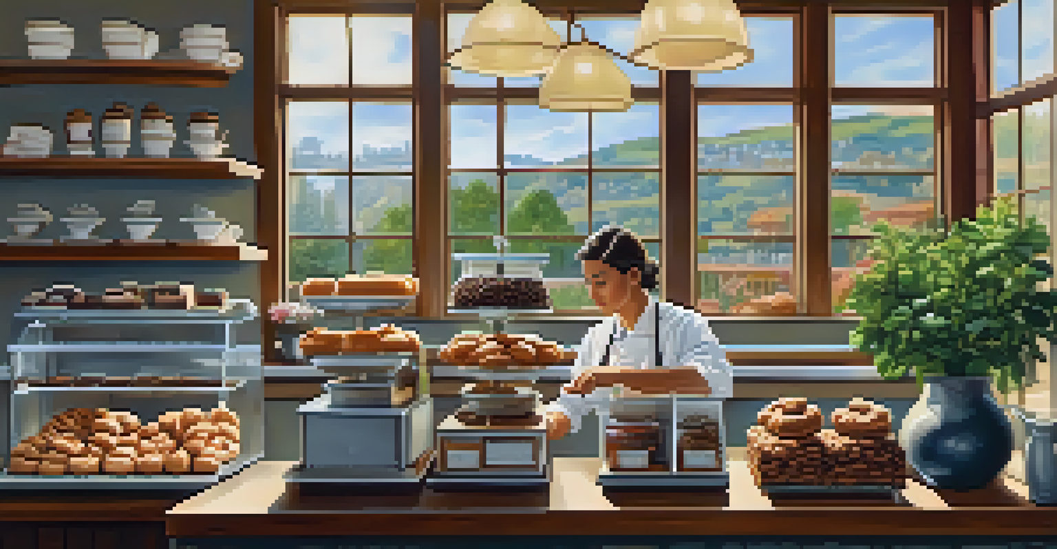 A barista preparing organic coffee in a cozy café with fresh pastries on display, bright natural light streaming through large windows.