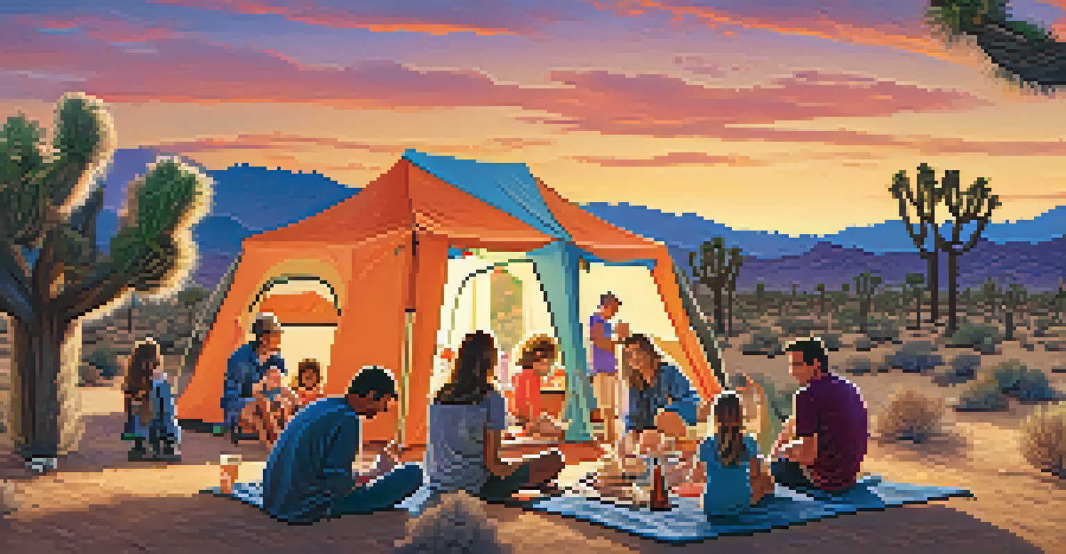 A family enjoying a music festival in a desert setting, with children playing and parents relaxing on blankets.
