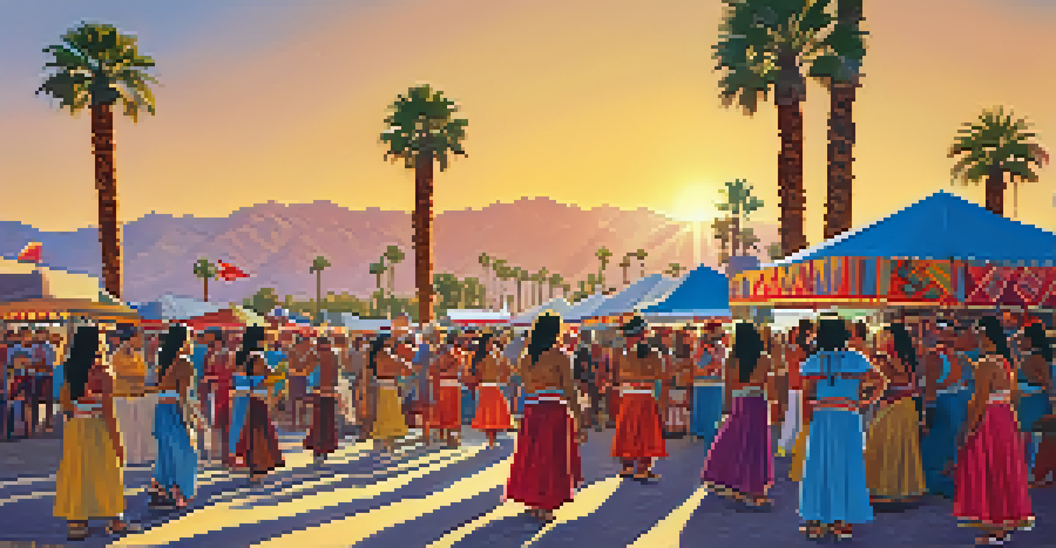 A group of Native American dancers in colorful costumes performs at a cultural festival in Palm Springs during sunset.