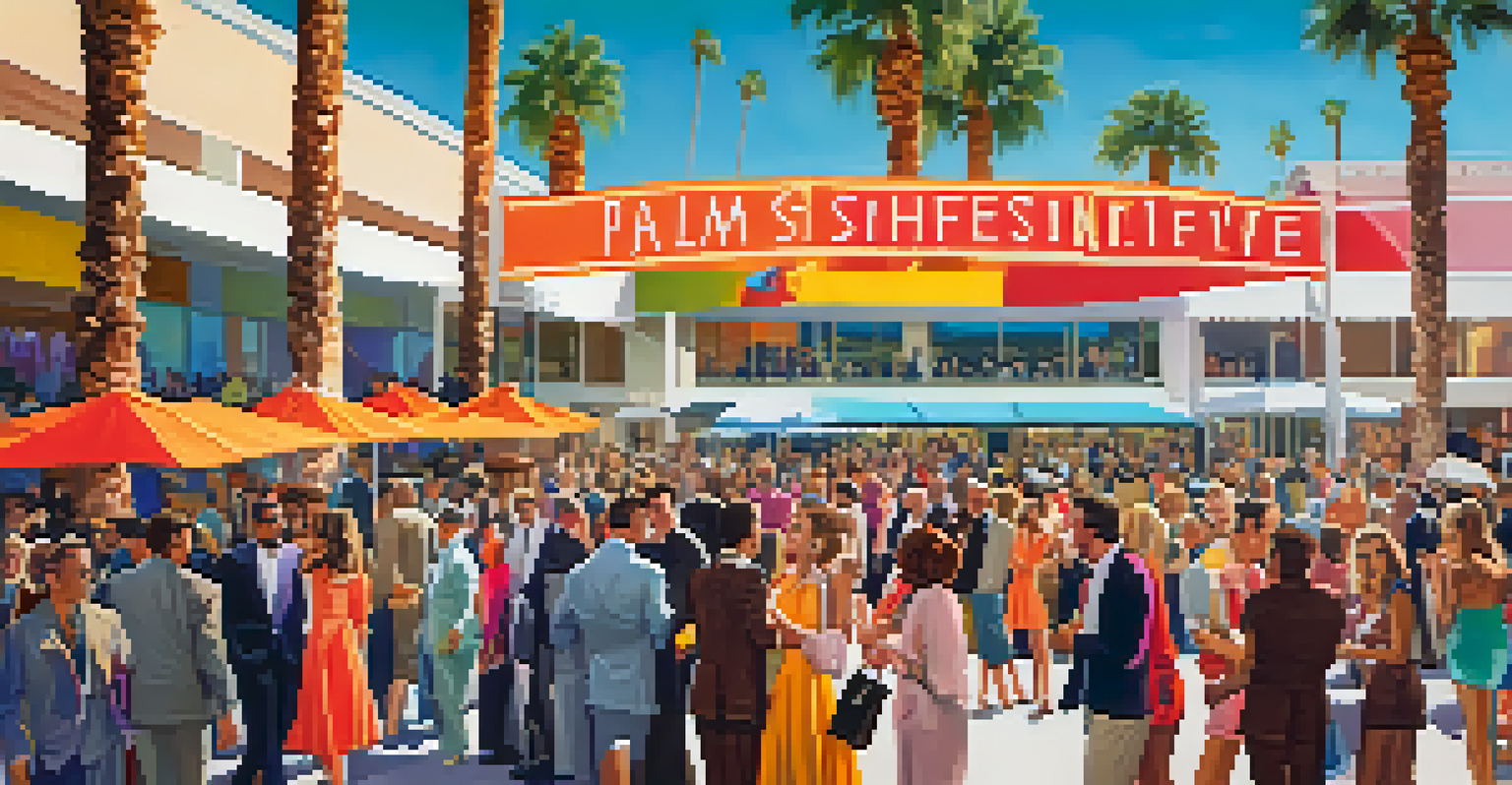 A crowd of diverse festival attendees outside the Palm Springs International Film Festival, surrounded by colorful banners and posters.