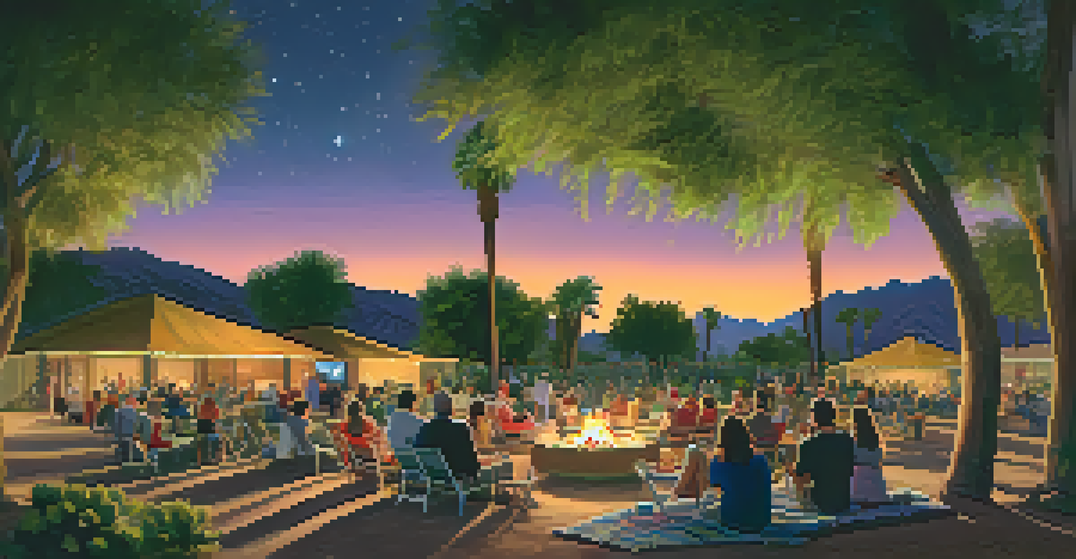 A summer evening gathering at Palm Springs Botanical Gardens with families enjoying an outdoor movie under the stars.