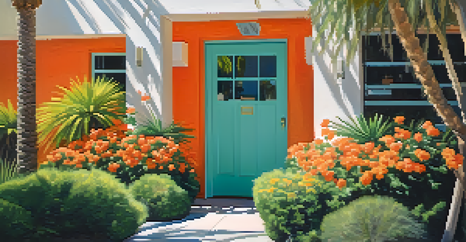 The iconic orange door of the Parker Palm Springs Hotel, surrounded by lush greenery and flowers, showcasing mid-century modern architecture.