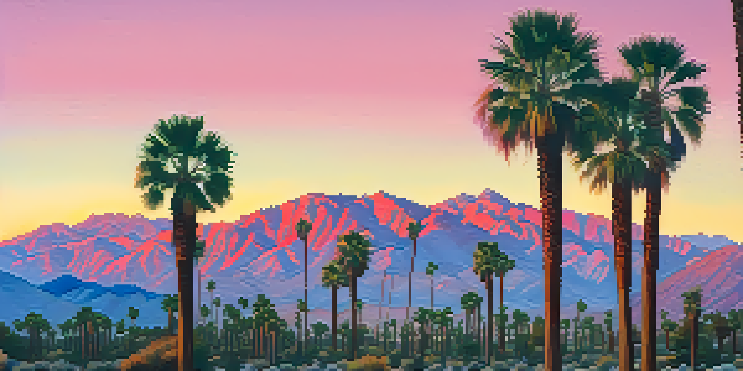 A picturesque desert landscape in Palm Springs during sunset, with palm trees and mountains, highlighted by vibrant sky colors and blooming desert plants.