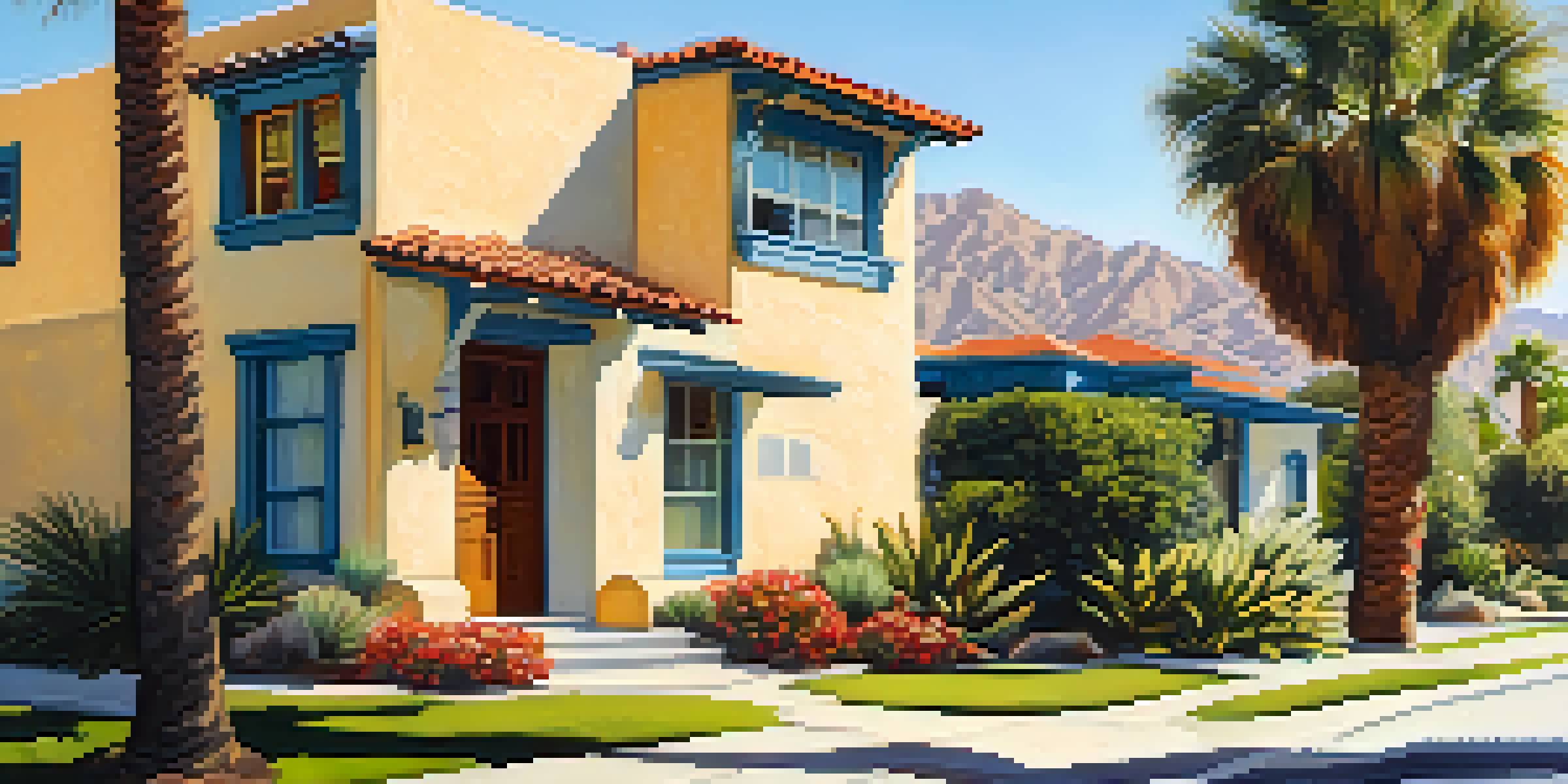 A peaceful street with historic homes and palm trees in Old Las Palmas, Palm Springs, under a clear blue sky.