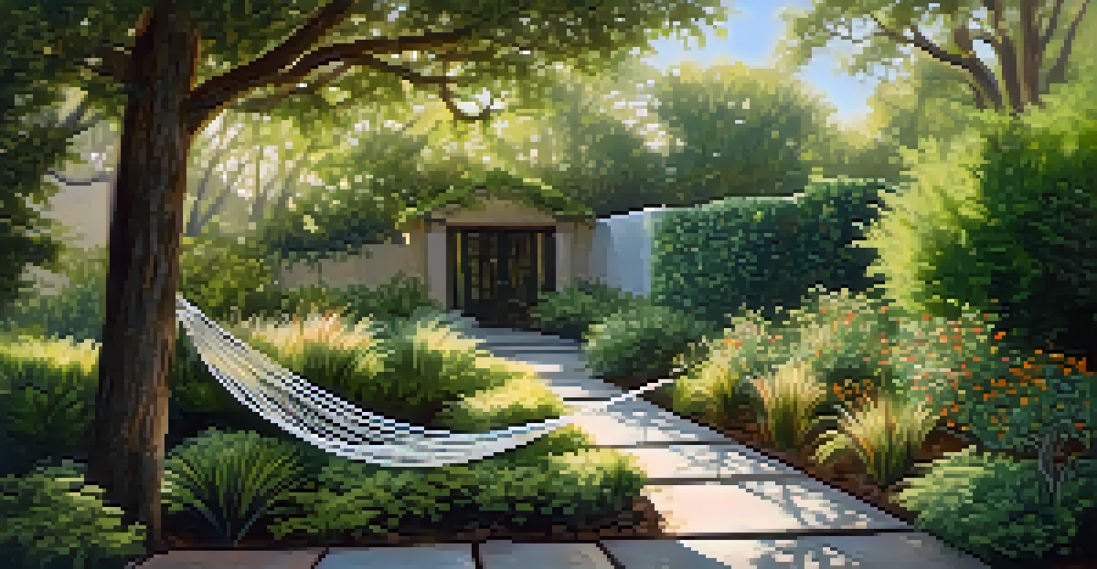 A tranquil outdoor space with a small fountain, native plants, and a hammock under trees, illuminated by soft sunlight.