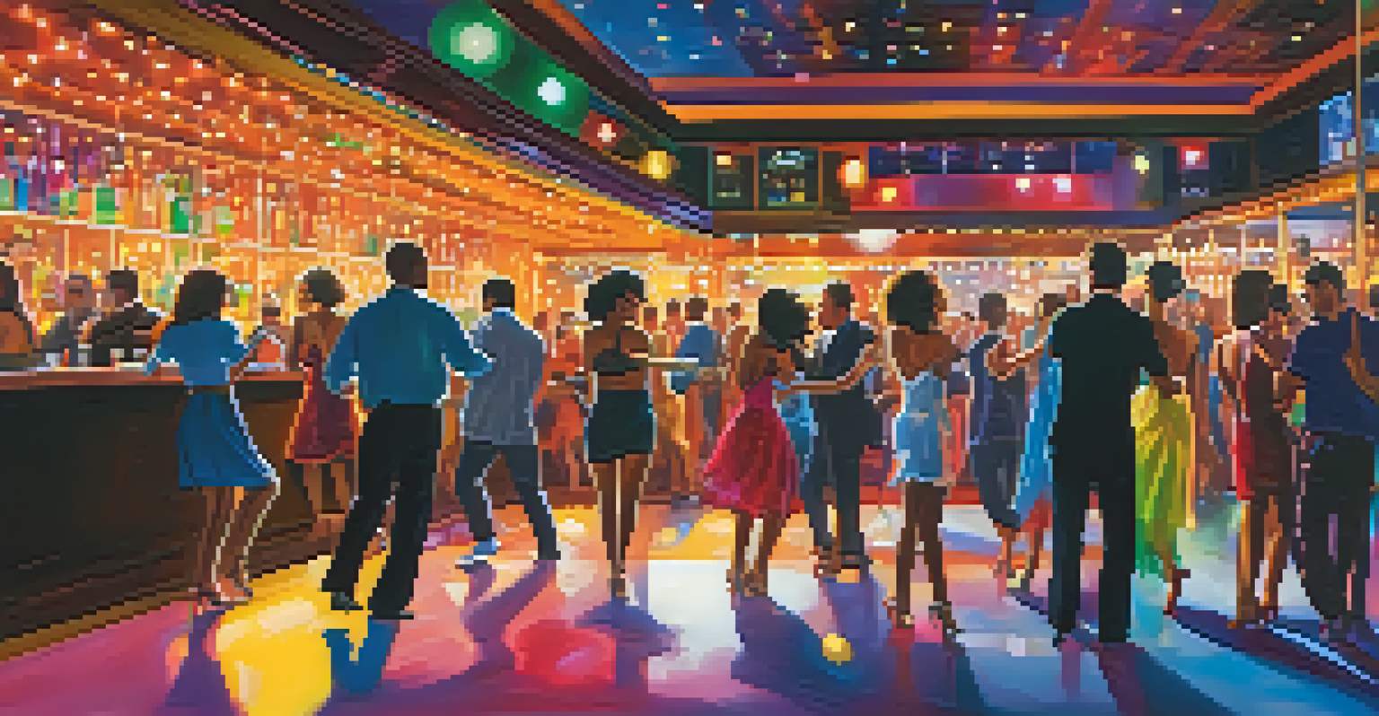 A lively dance floor scene with colorful lights and people dancing at a bar.