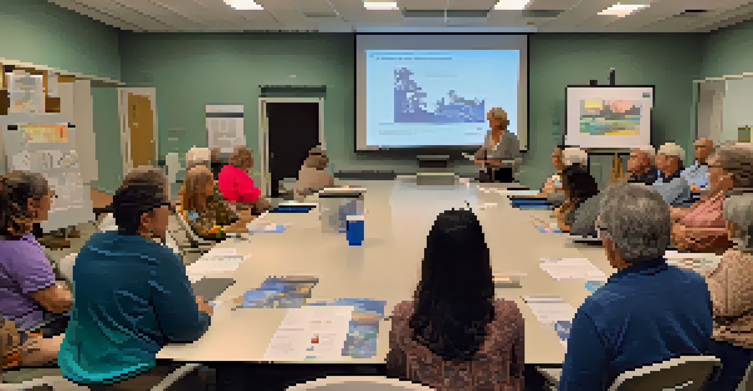 An adult education workshop with diverse participants learning about digital literacy in a well-lit library room.