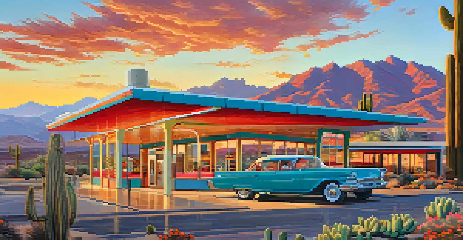The Tramway Gas Station in Palm Springs, highlighting its unique architecture and surrounded by a desert garden.