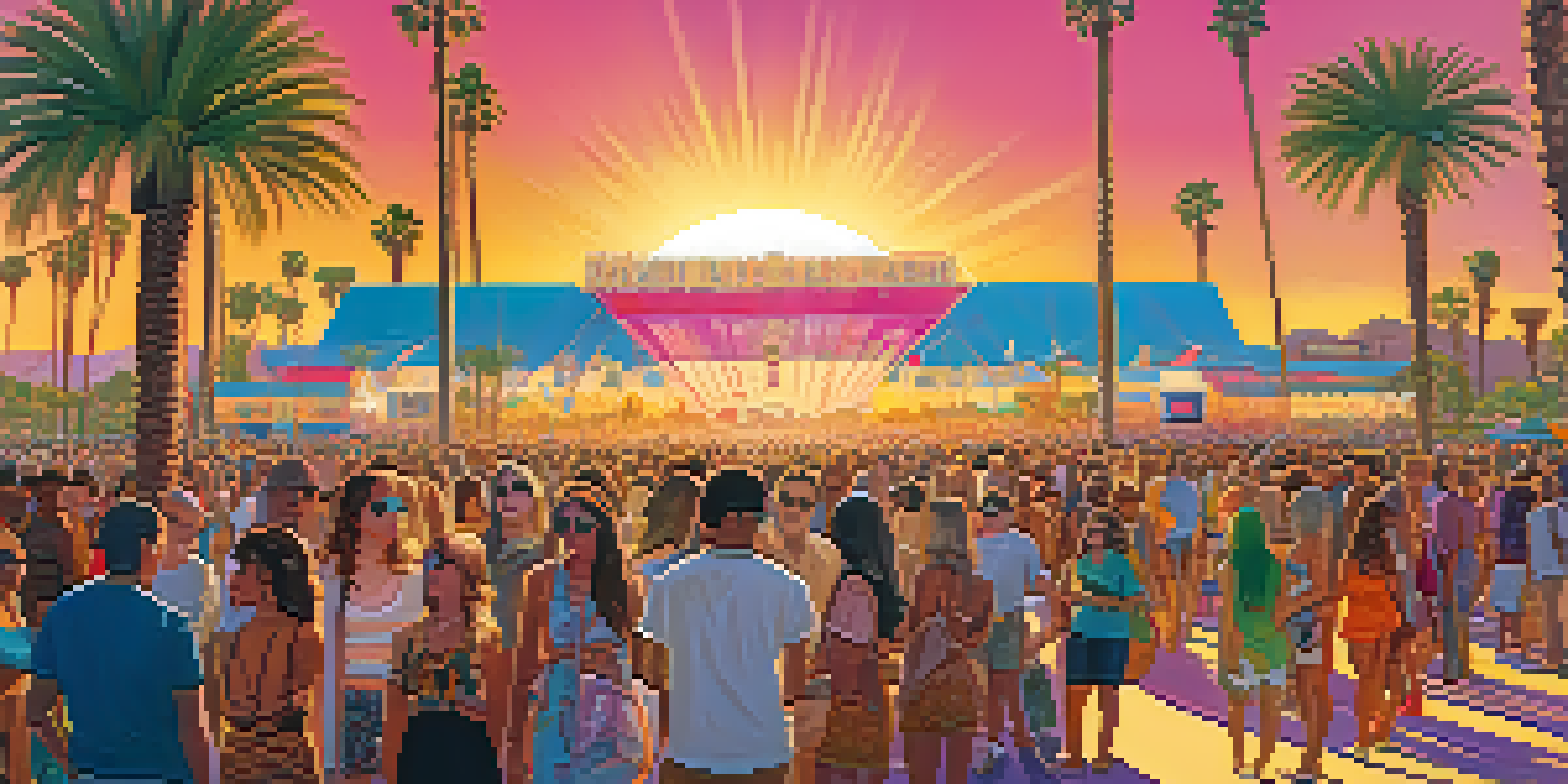 A lively music festival scene with diverse attendees in colorful outfits, art installations, and palm trees during sunset.