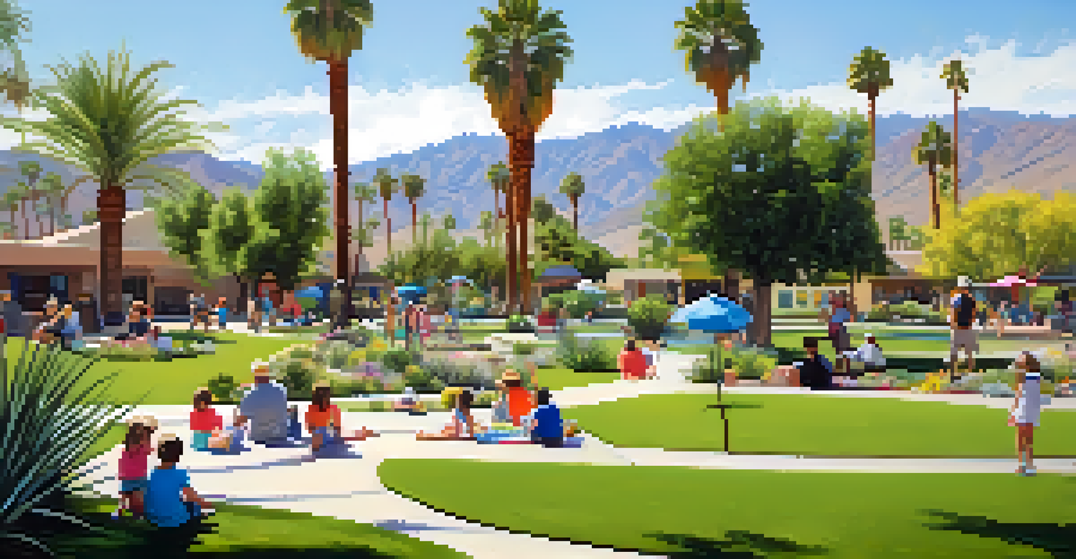 A community park in Palm Springs with families enjoying the outdoors, green grass, and palm trees, emphasizing the importance of preservation.