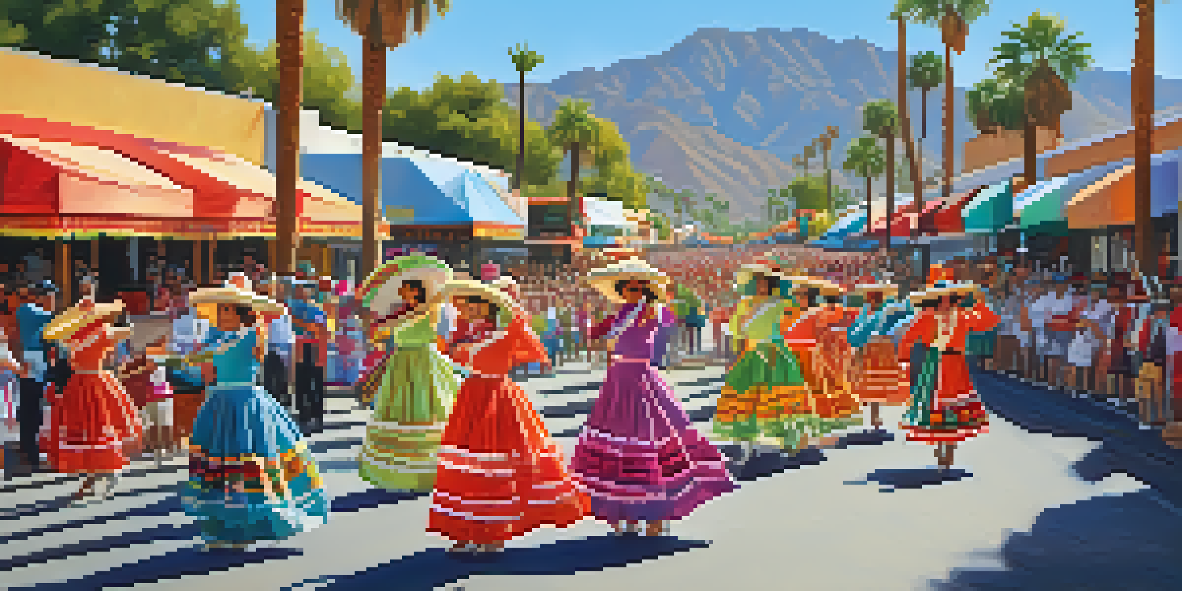 A lively street scene depicting a parade with people in traditional Mexican clothing, surrounded by festive decorations and palm trees.