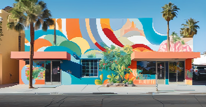 A colorful mural featuring abstract shapes and local plants, set against a backdrop of palm trees and a clear blue sky in downtown Palm Springs.