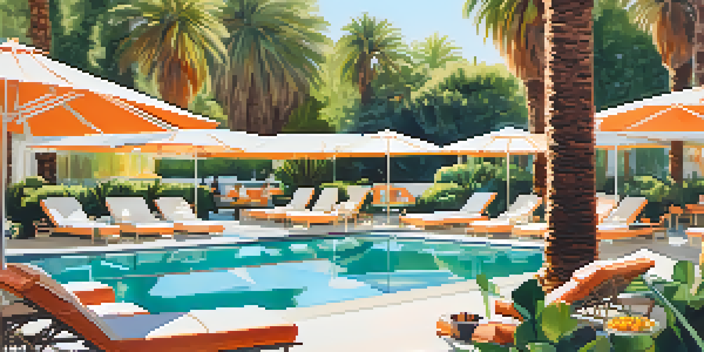 A vibrant pool scene at The Parker Palm Springs with colorful cabanas, palm trees, and guests enjoying the sunny atmosphere.