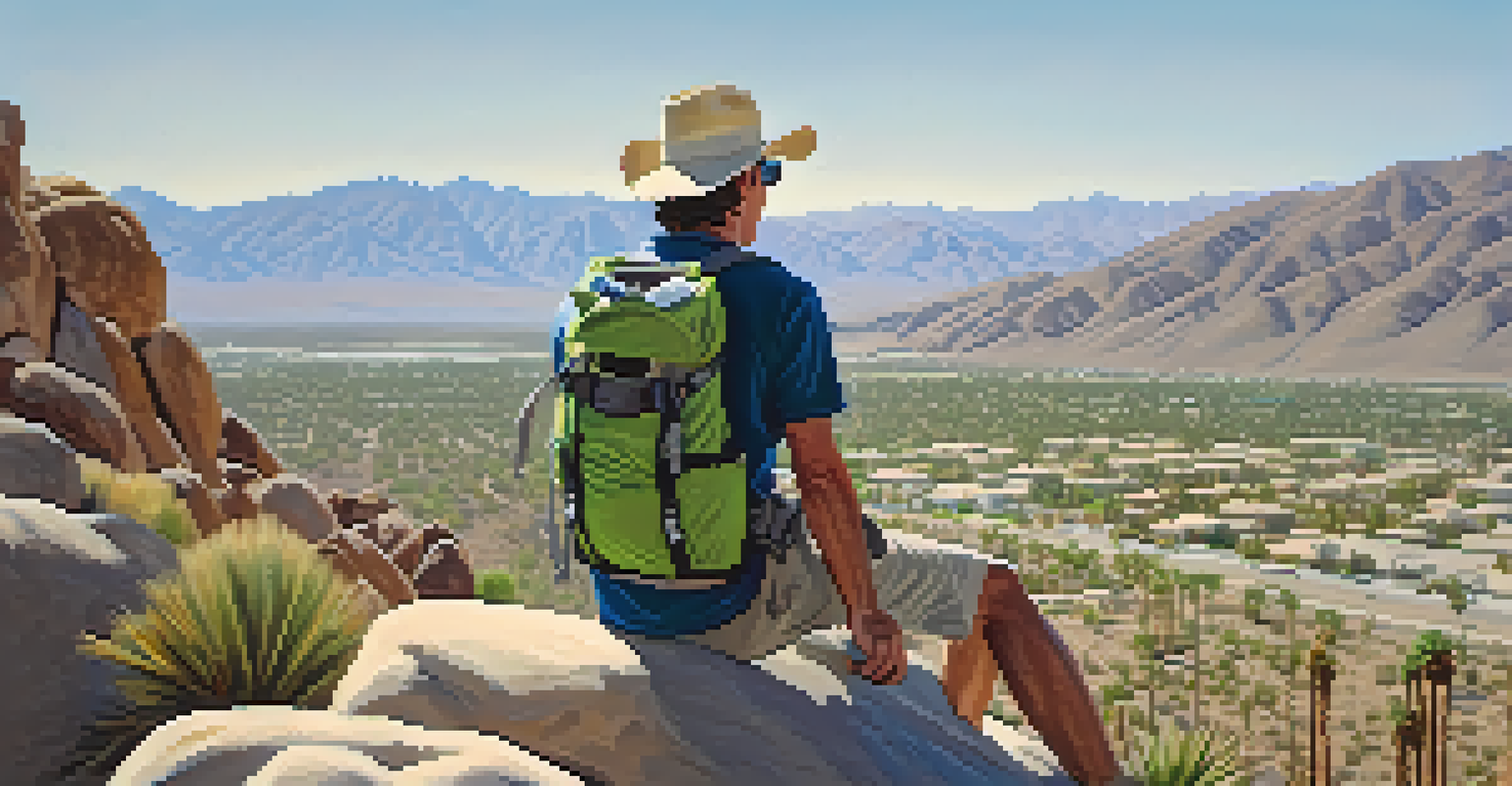 A hiker in the Palm Springs desert standing on a rock with a hydration pack, wearing a hat and sunglasses.