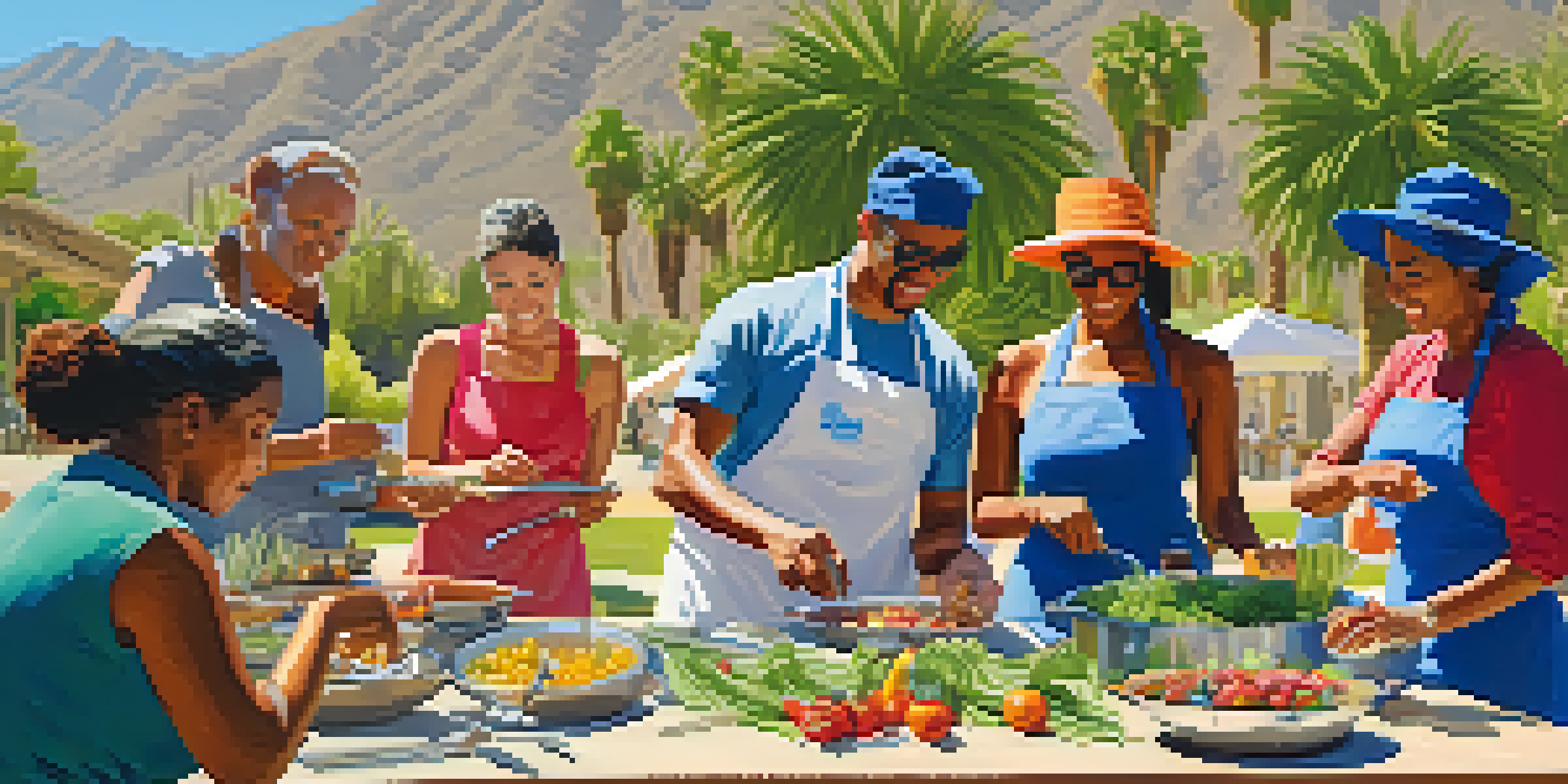 A group of people participating in an outdoor cooking class in Palm Springs, surrounded by fresh ingredients and scenic views.
