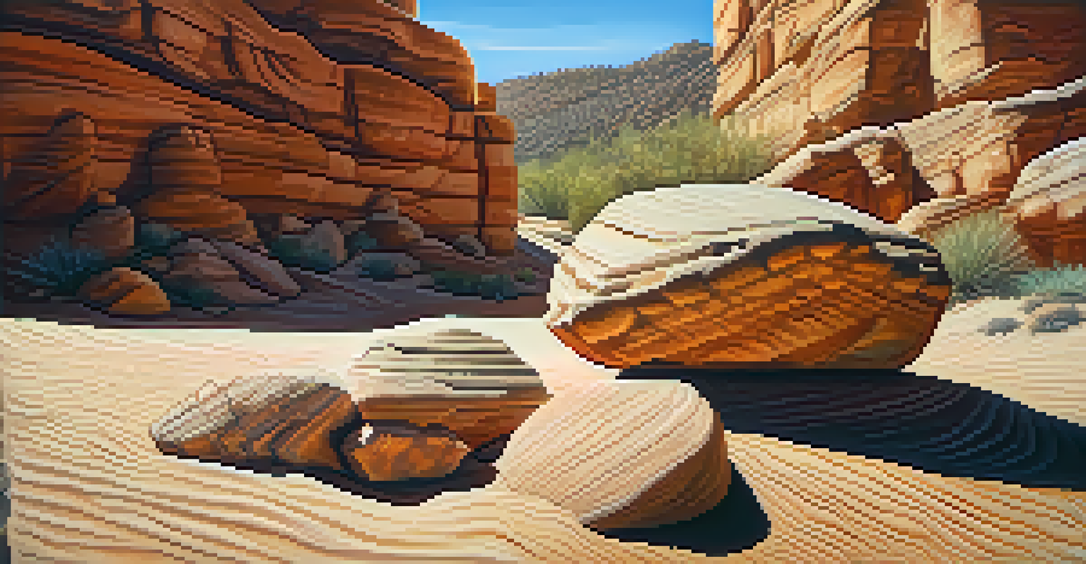 Close-up of textured desert rocks with a small art piece made from local materials integrated into the scene.