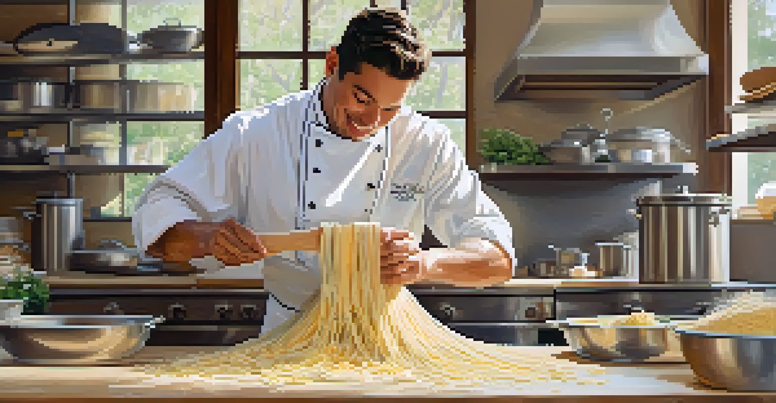 A chef demonstrating pasta making in a bright kitchen, with fresh ingredients displayed on the countertop.