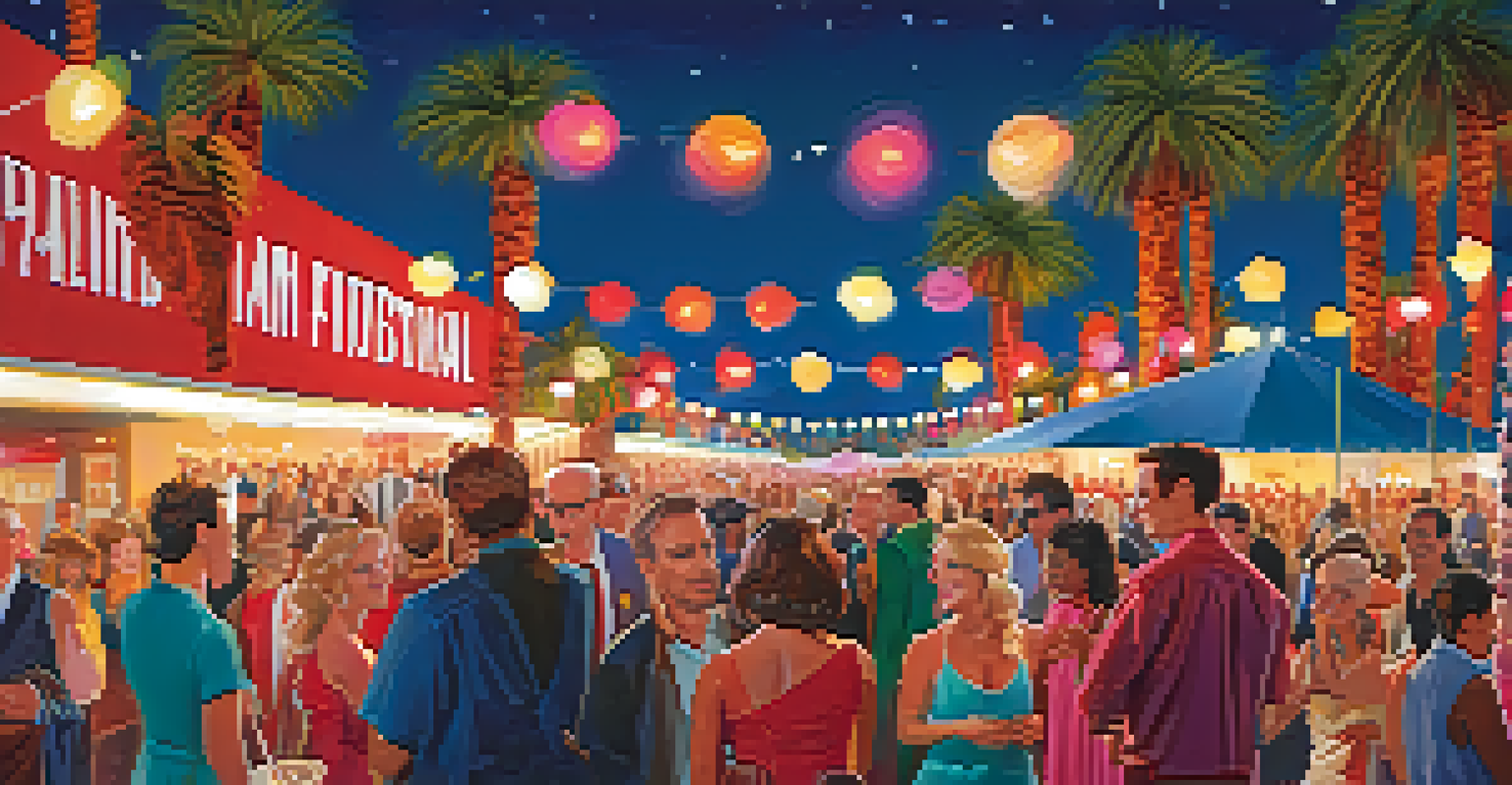 A crowd enjoying the Palm Springs International Film Festival with a red carpet, palm trees, and colorful banners under string lights.