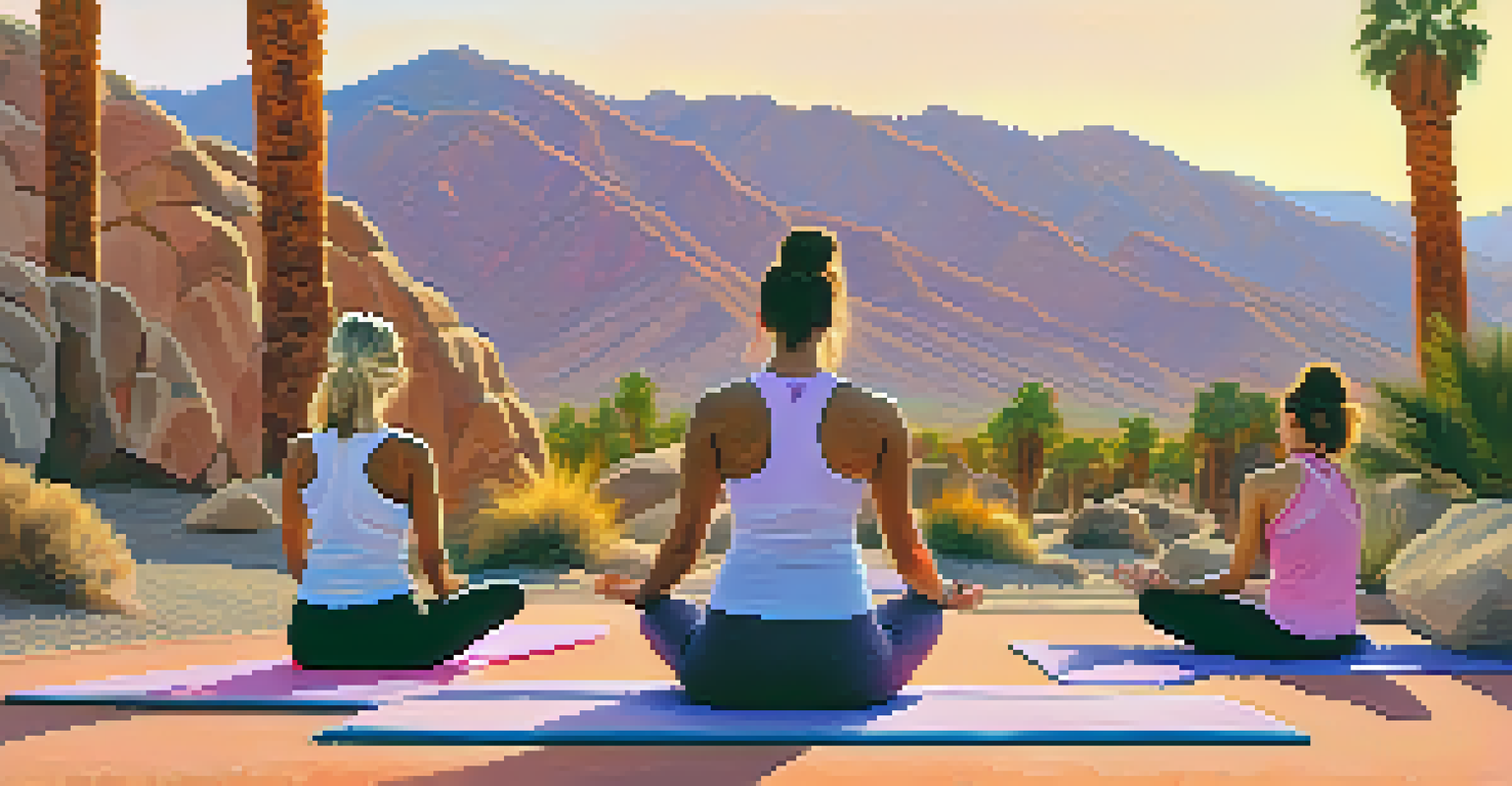Participants practicing yoga in the Palm Springs desert at sunrise, surrounded by rock formations and palm trees.