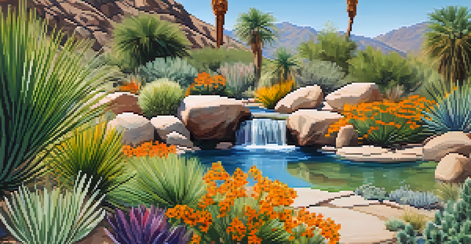An eco-friendly garden with desert plants and a small waterfall in Palm Springs.