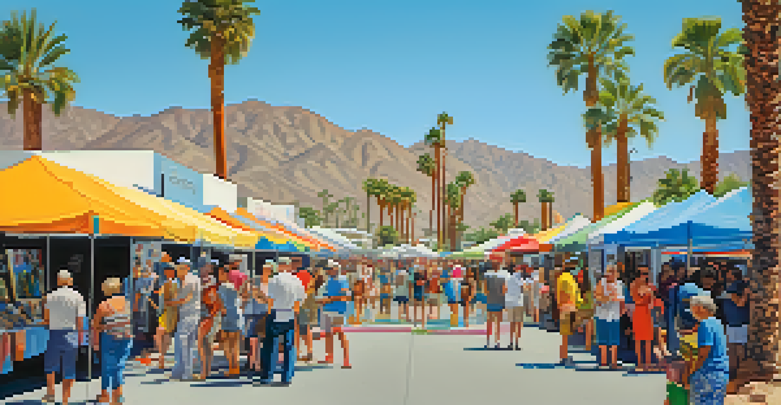 A vibrant outdoor art festival with artists displaying their colorful artworks, and diverse visitors engaging with the art under a clear blue sky.