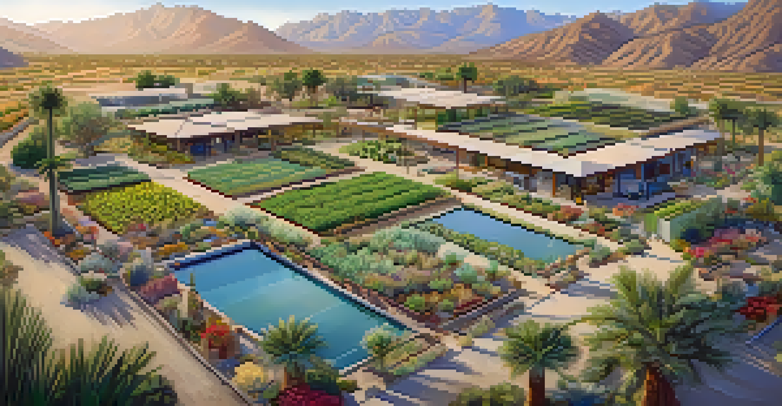 An aerial perspective of a permaculture farm in Palm Springs, illustrating diverse crops, trees, and a pond, emphasizing sustainable agricultural practices.