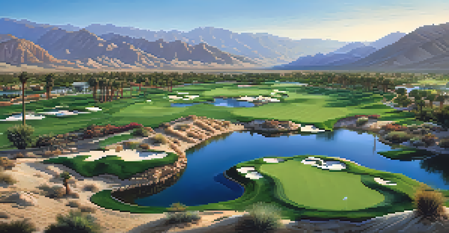 Aerial view of PGA West golf courses in Palm Springs, displaying multiple golf layouts surrounded by desert landscape.