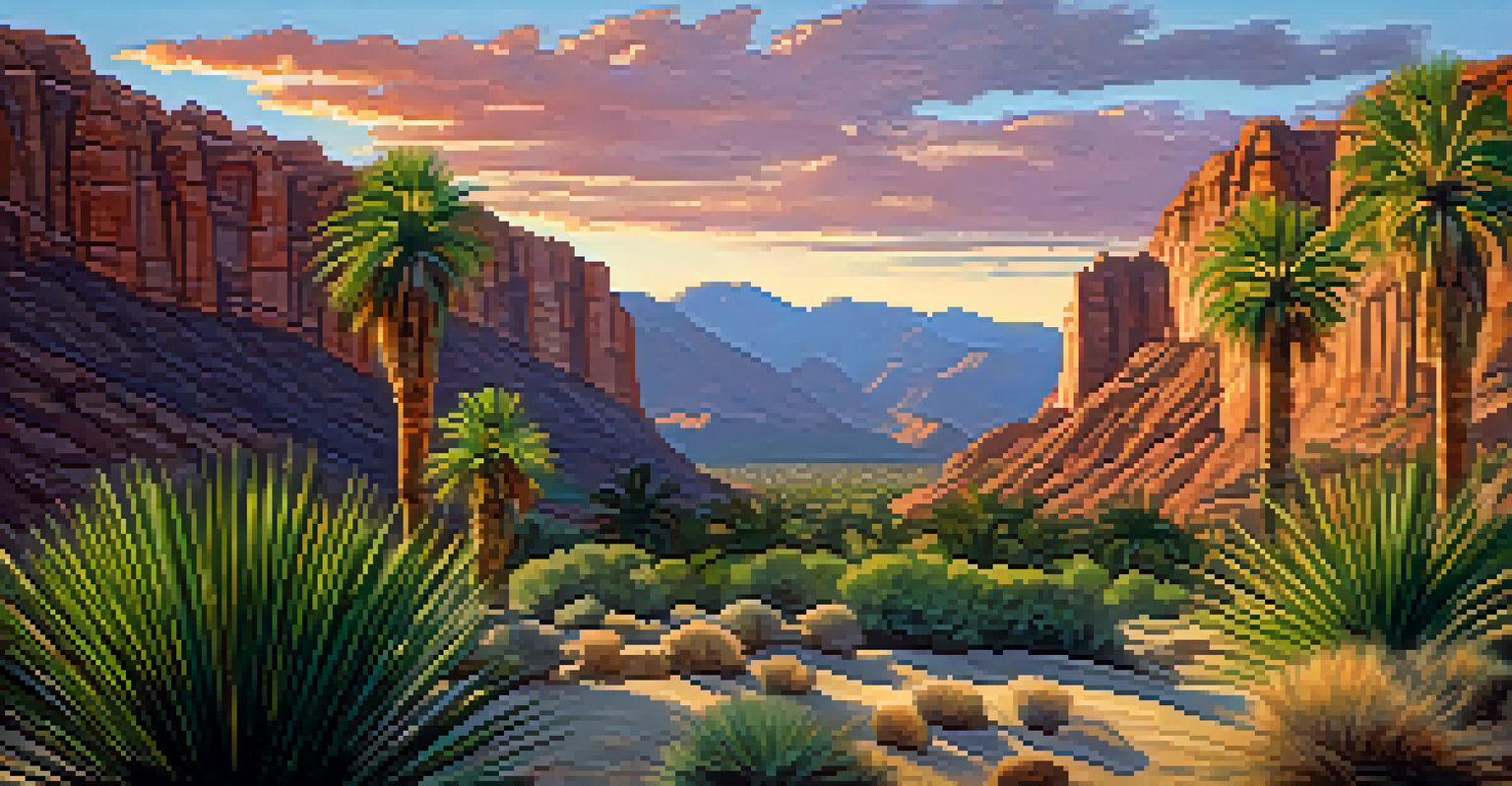 A serene sunset at Indian Canyons with palm trees and rock formations against a colorful sky, casting shadows.