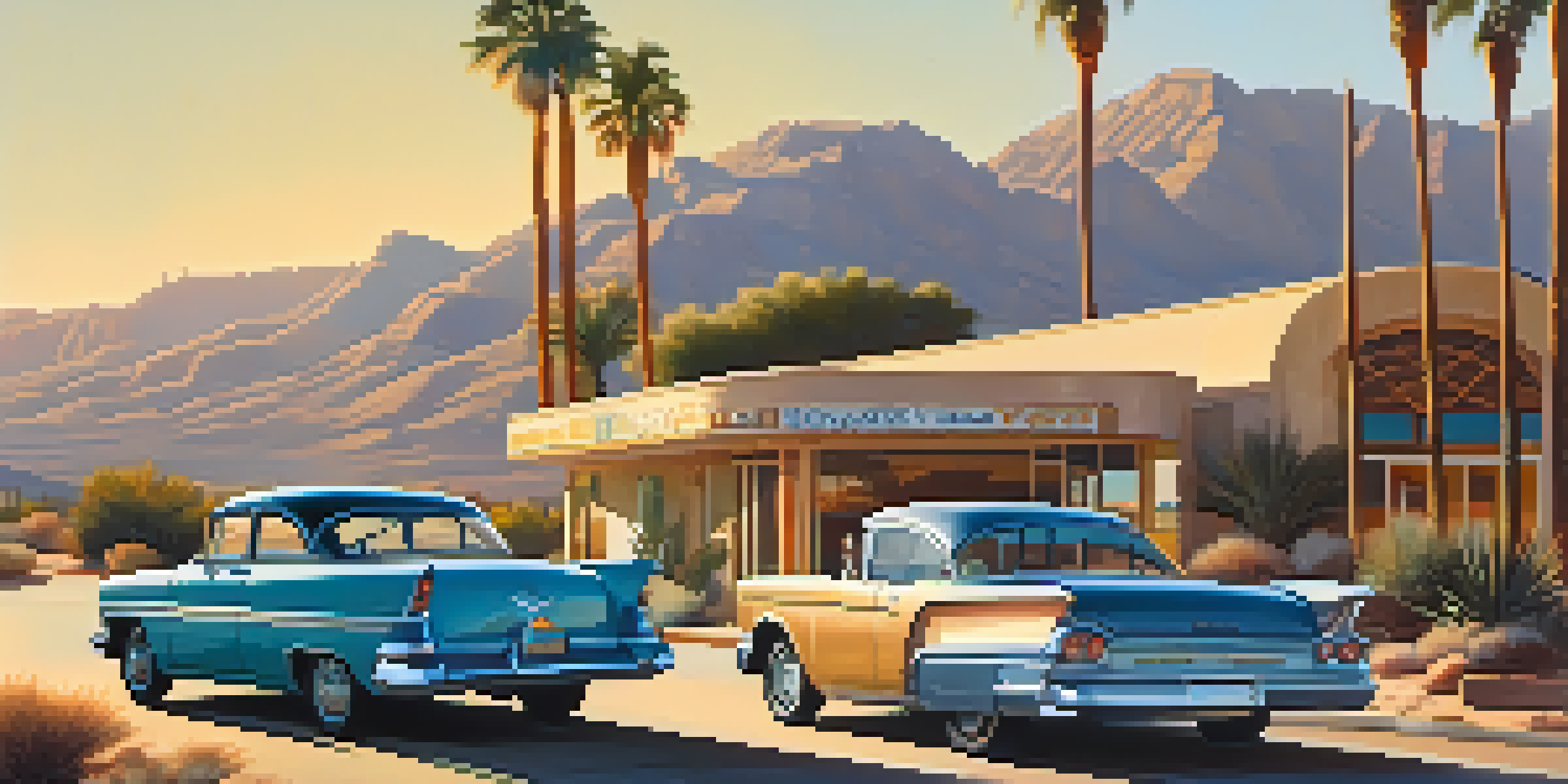 A view of Route 66 with palm trees and mid-century modern buildings in the background, illuminated by golden sunlight.