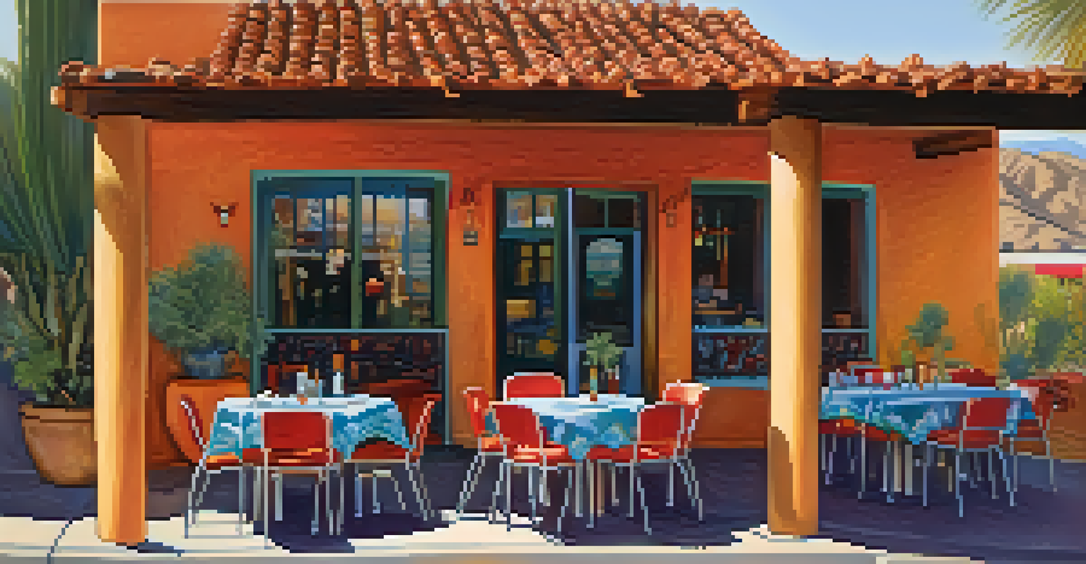 A cozy outdoor dining scene at a Hispanic restaurant, with colorful tablecloths and traditional dishes being enjoyed by diners.
