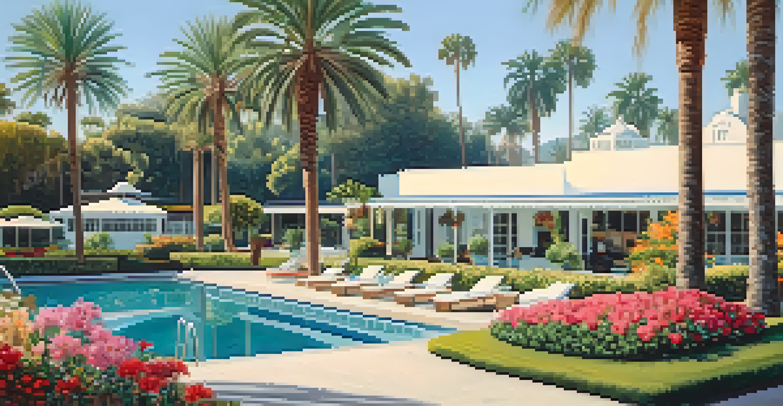 A peaceful scene of The Avalon Hotel highlighting mid-century architecture, guests relaxing by a pool, and vibrant garden landscapes.
