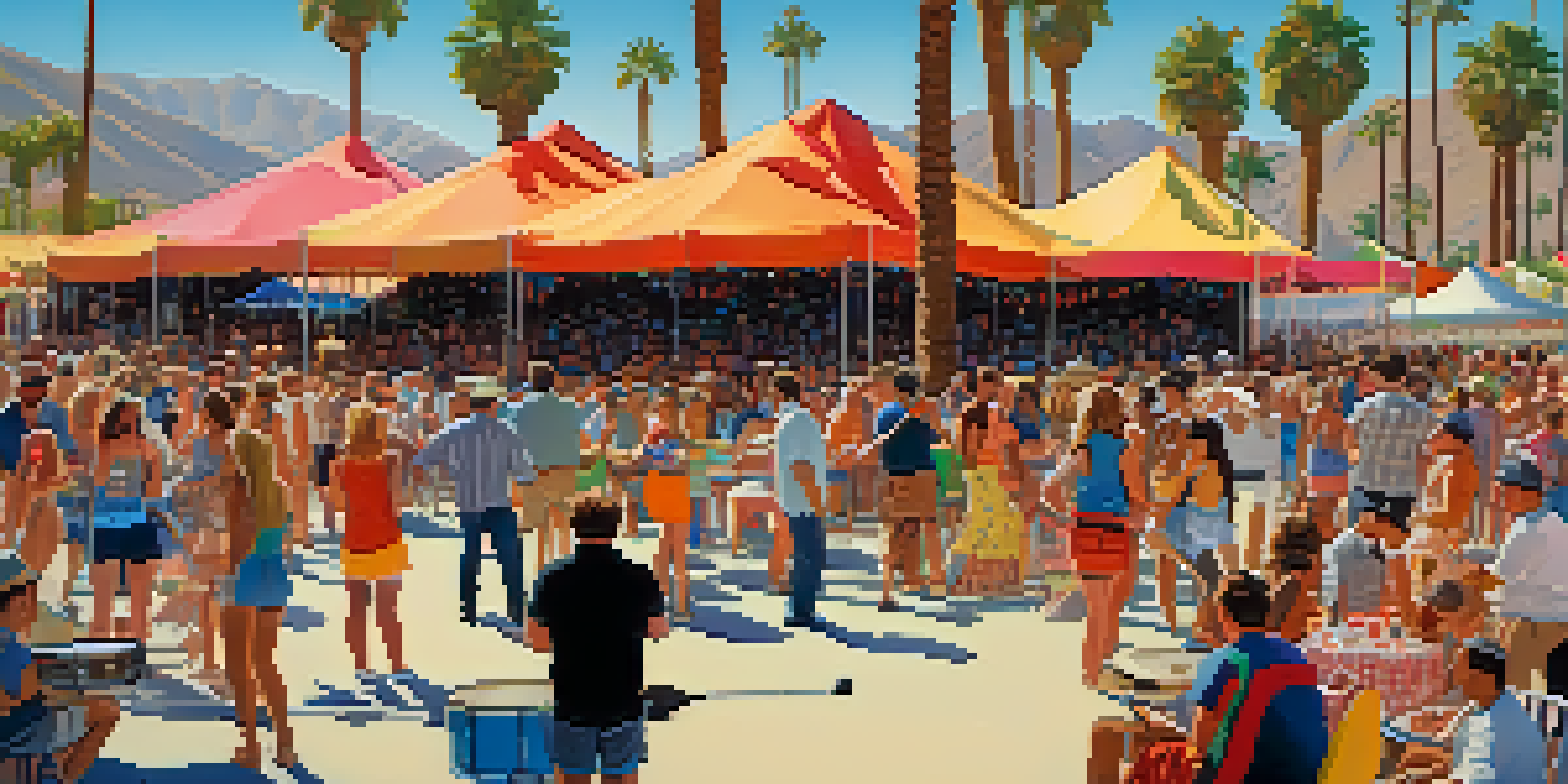 A lively outdoor music festival in Palm Springs with a colorful stage and diverse audience enjoying the performances under a blue sky.