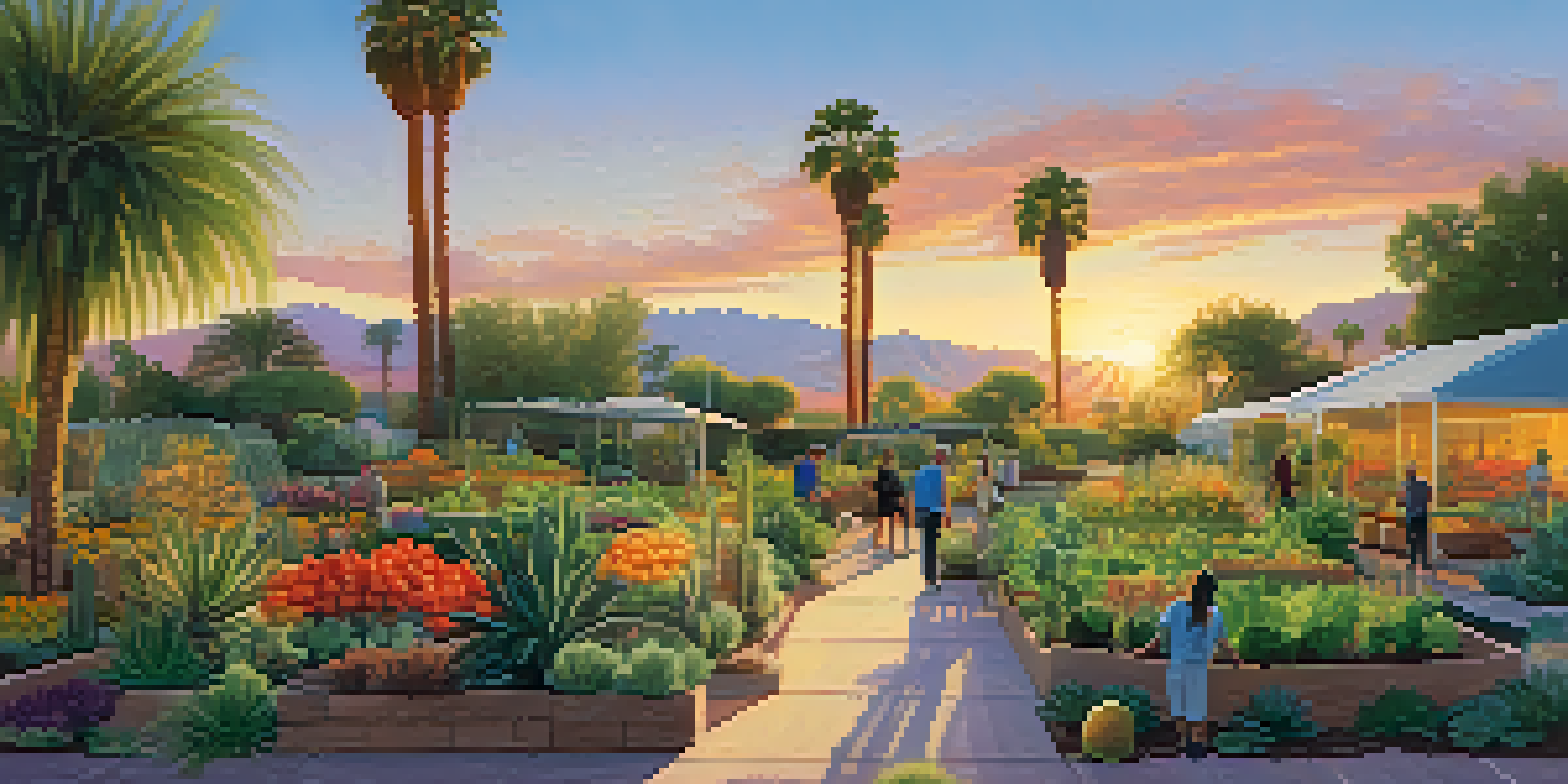 A diverse group of gardeners working in a colorful community garden at sunset, with various fruits and vegetables and native plants.