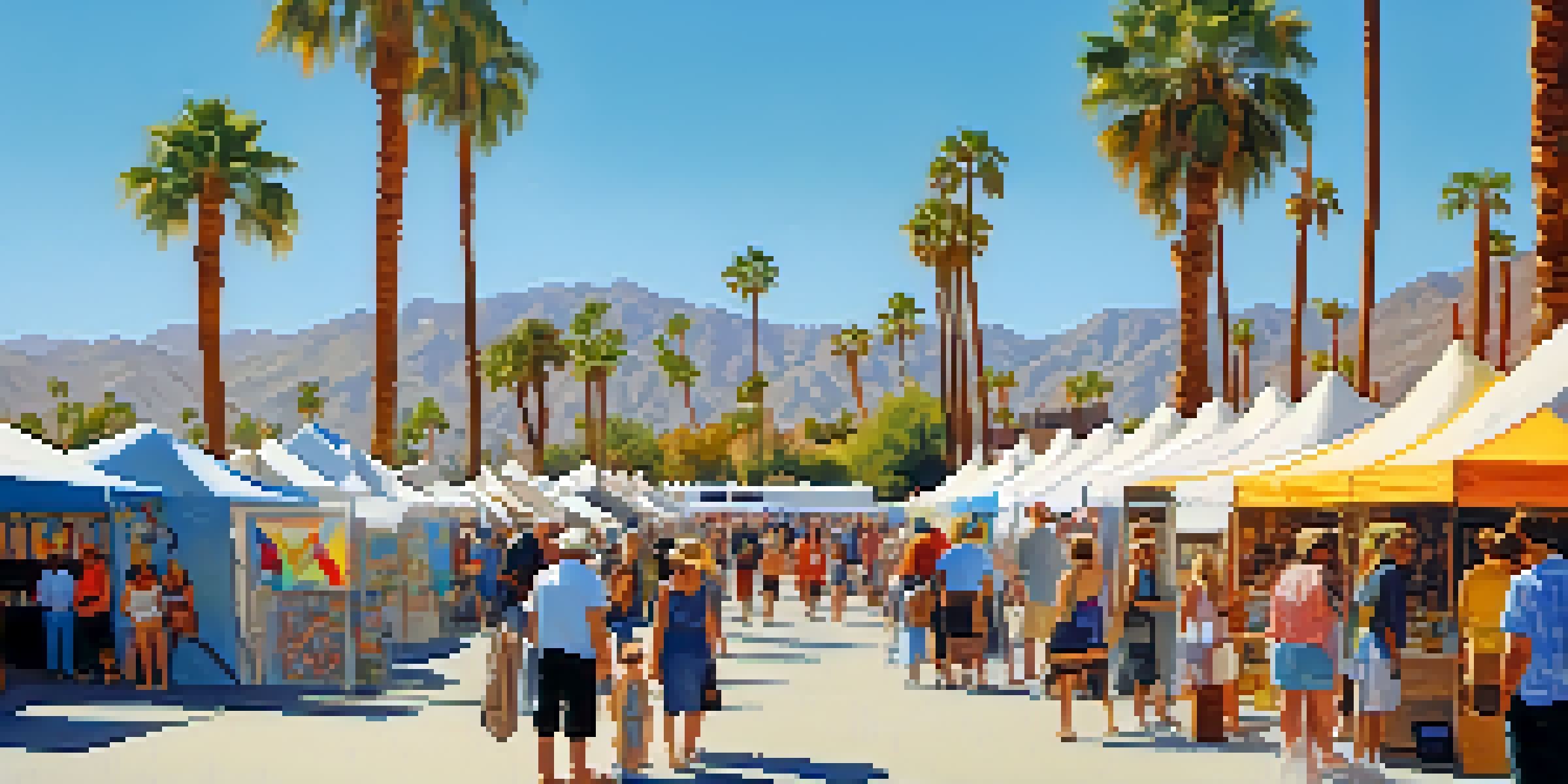 An outdoor art fair in Palm Springs with artisans displaying their crafts under colorful tents, surrounded by palm trees and a clear blue sky.