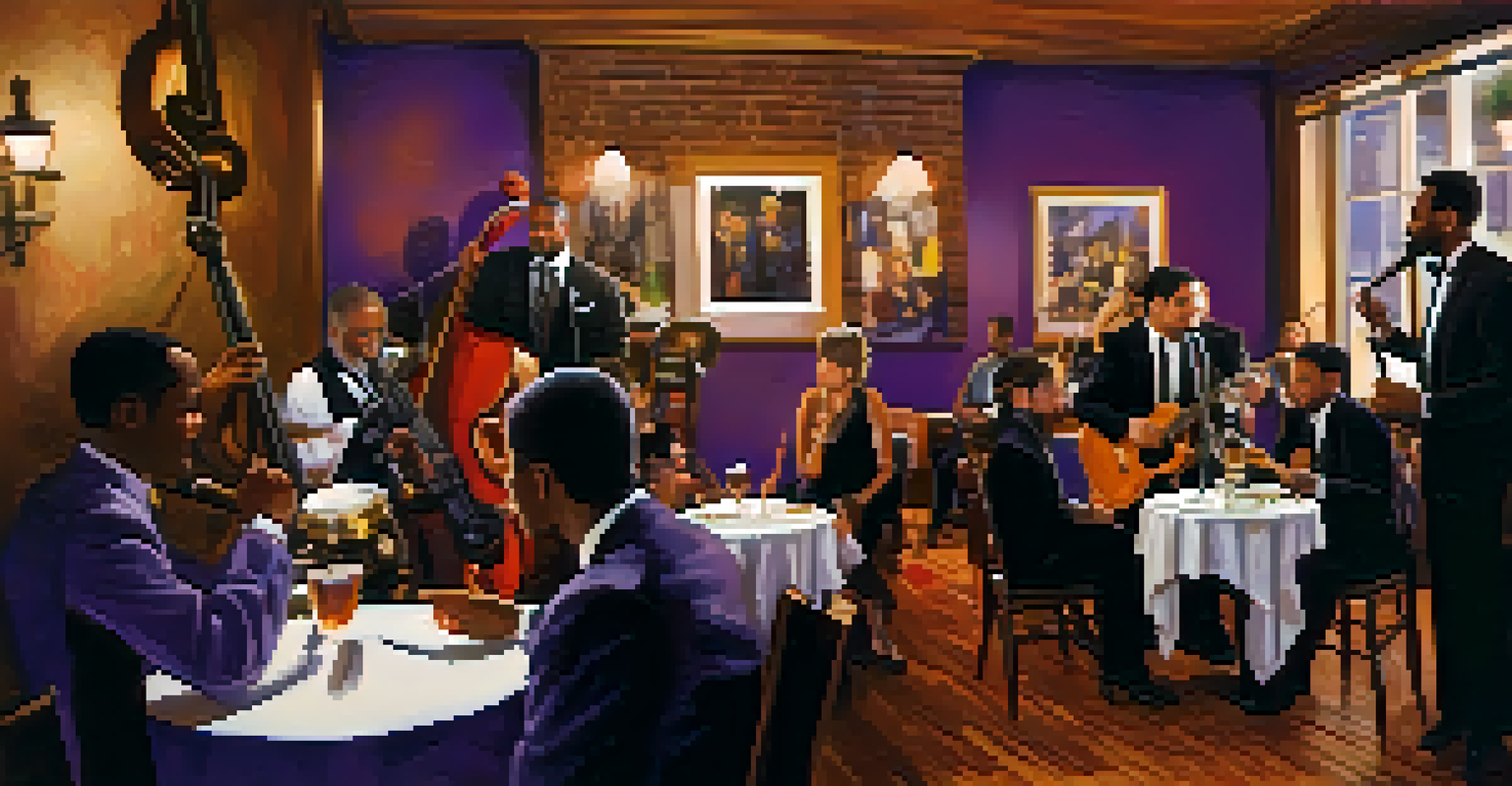 A jazz band performing at The Purple Room, with patrons enjoying their meals in a cozy, warmly lit setting.