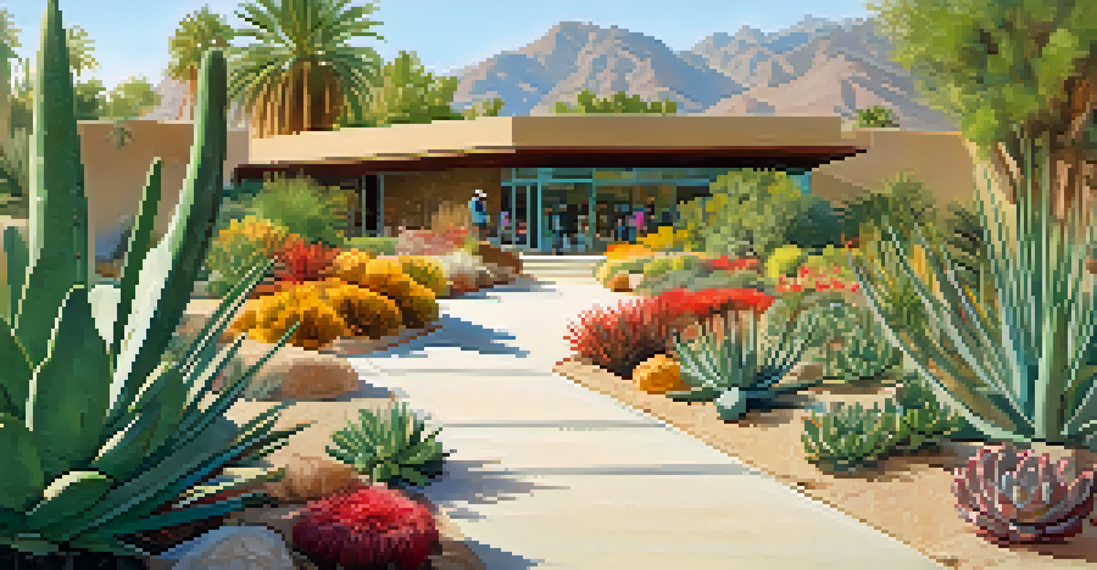 Families exploring the Palm Springs Desert Botanical Garden, surrounded by colorful cacti and succulents under bright sunlight, with informative signage along the pathways.