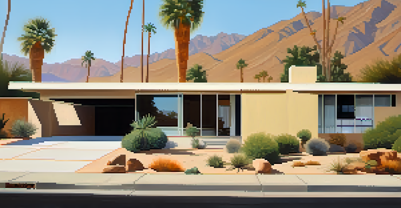 A photograph of a mid-century modern home in Palm Springs, highlighting its architecture with light and shadows, surrounded by desert plants under a warm afternoon sun.
