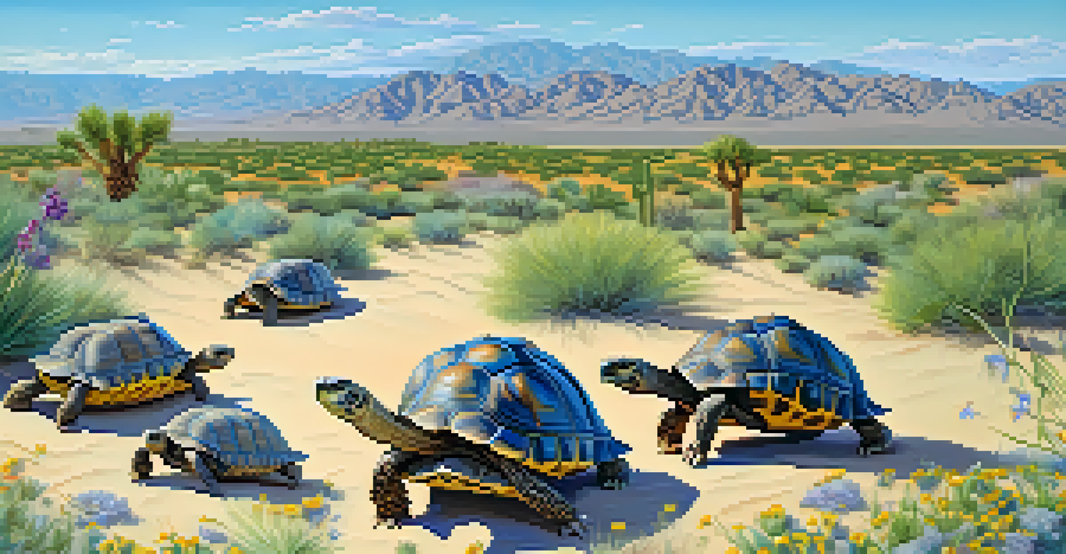 Several desert tortoises foraging in a lush desert landscape filled with wildflowers under a clear sky.