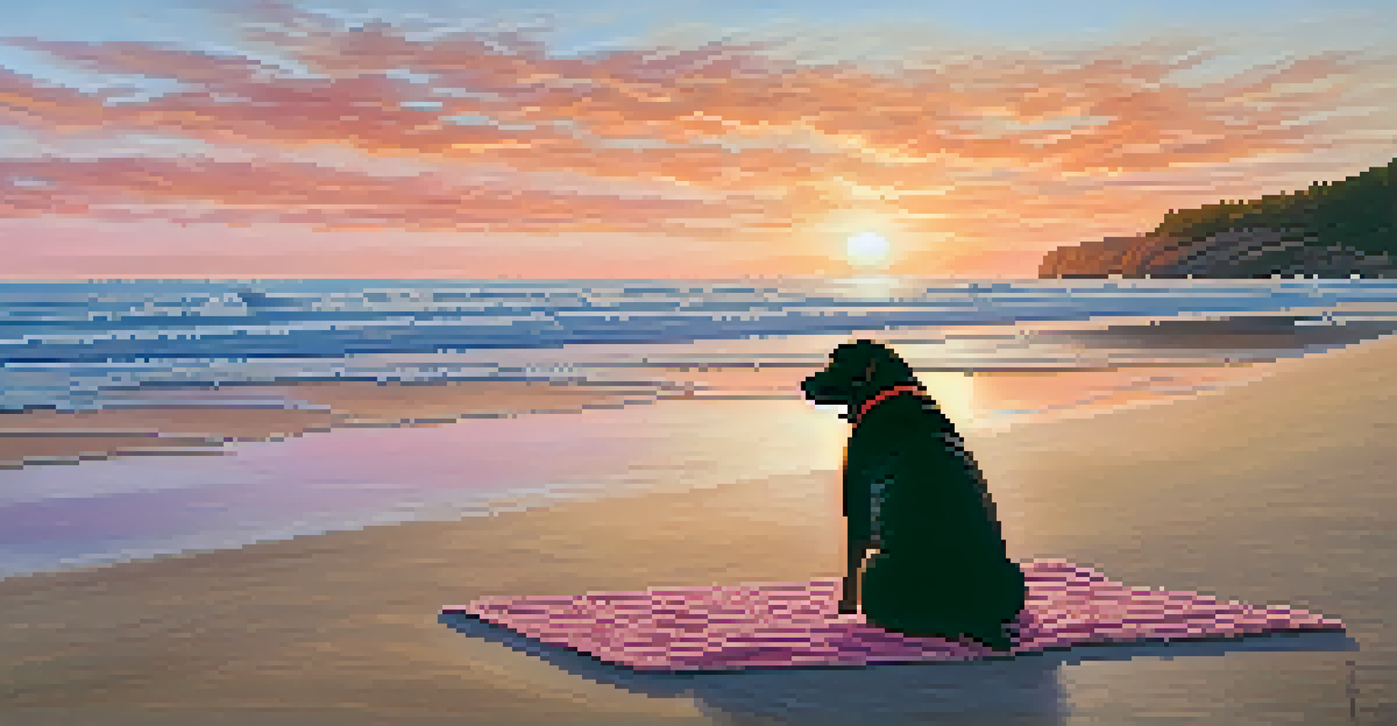 A dog playing in the sand on a beach during sunset with its owner nearby.