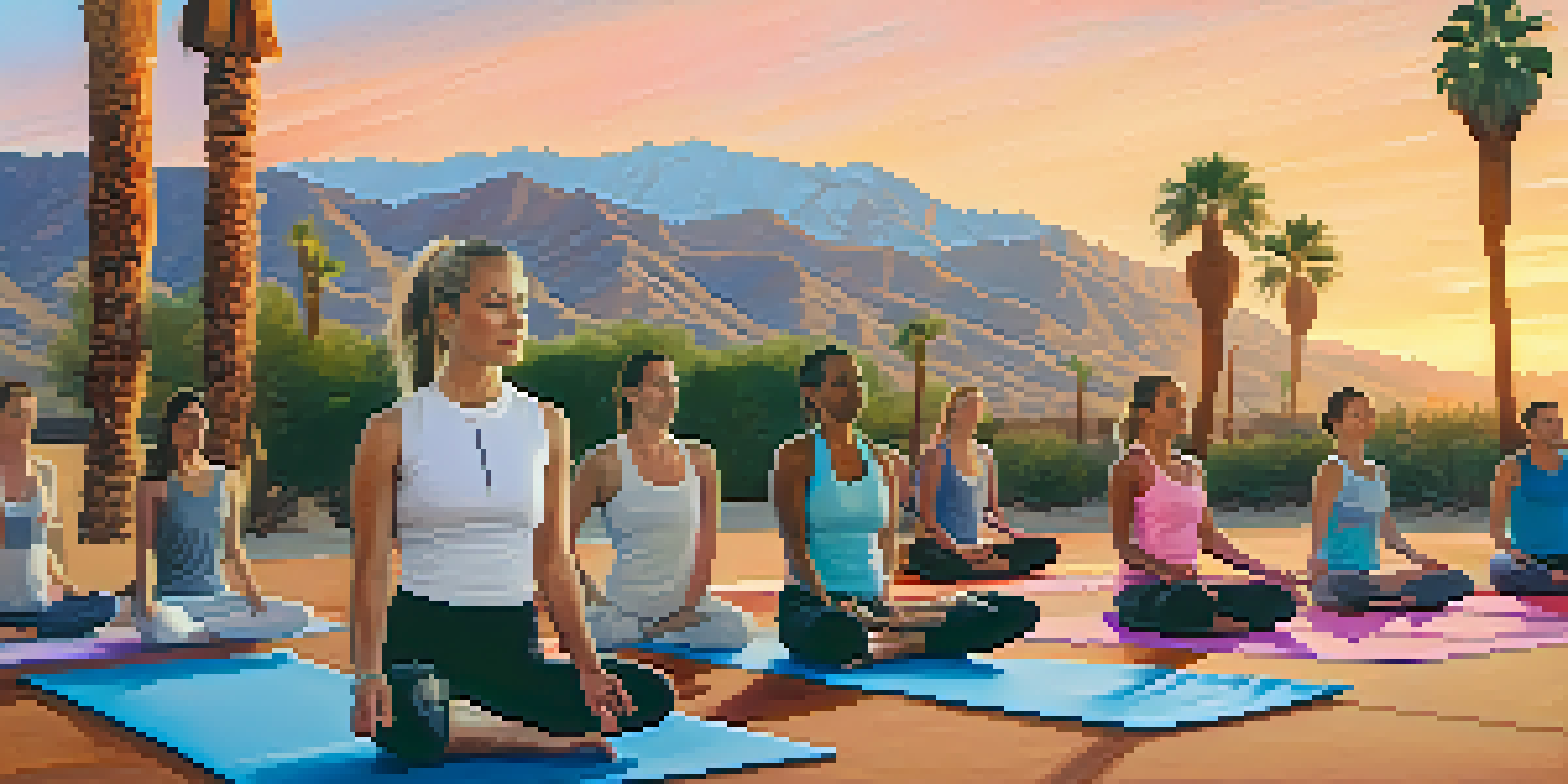 A group of people practicing yoga outdoors at sunrise, surrounded by palm trees and mountains.