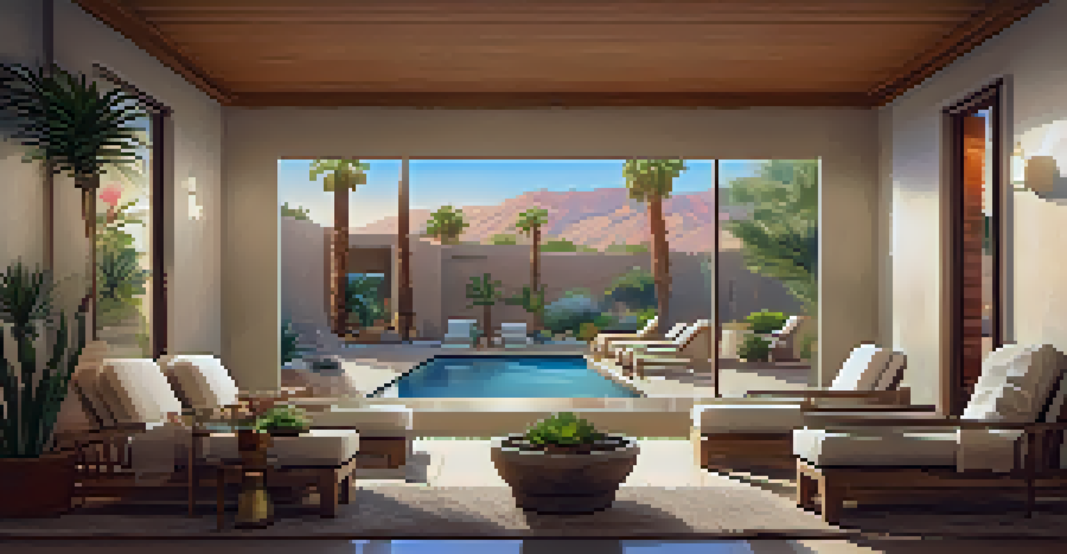 A cozy spa relaxation lounge with comfortable chairs and ambient lighting, featuring desert views in Palm Springs.
