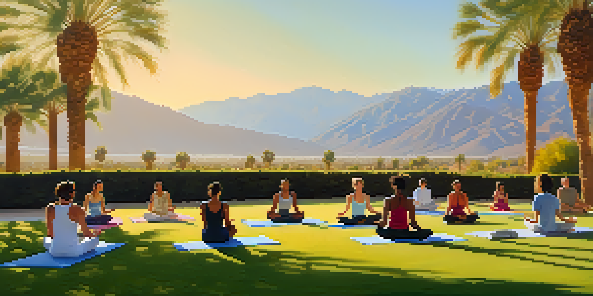 A group of people practicing yoga outdoors on a grassy hill surrounded by palm trees and mountains, with warm sunlight creating a serene atmosphere.