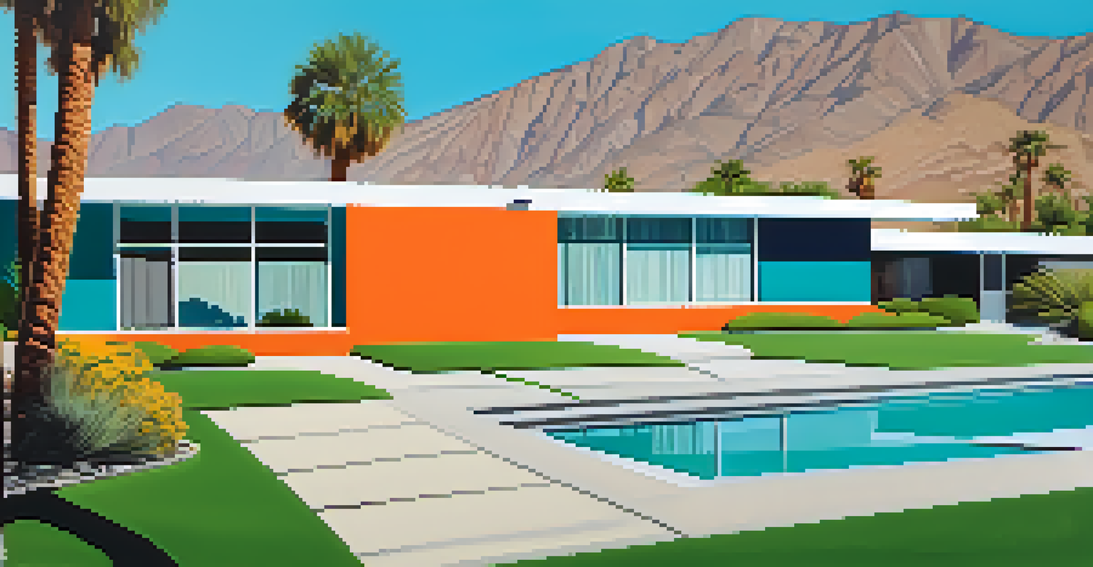 A photograph of mid-century modern homes in Palm Springs, highlighting their unique architectural features and vibrant colors against a clear blue sky.