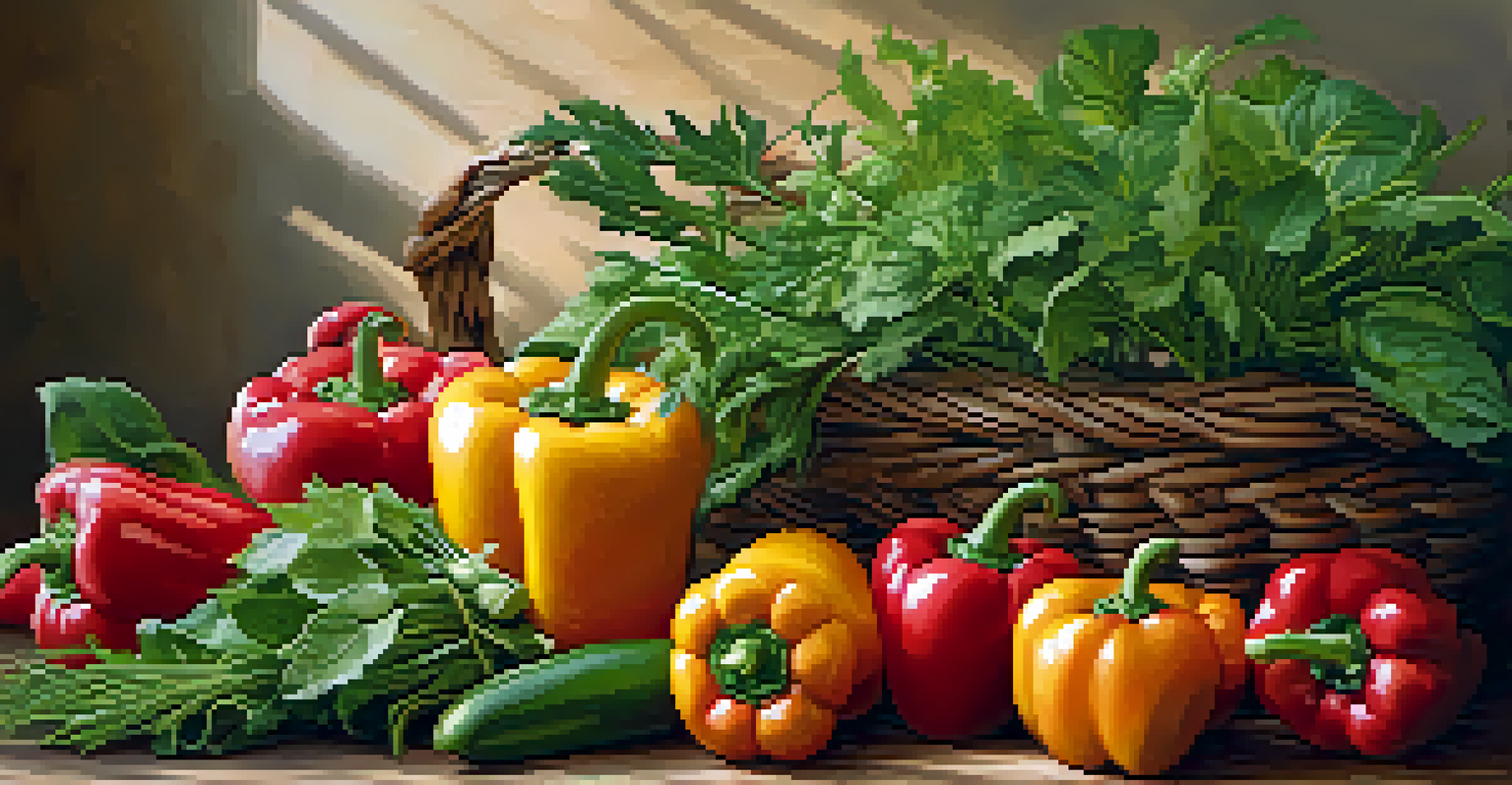 A basket filled with freshly harvested vegetables and herbs from a community garden, showcasing their vibrant colors and textures.