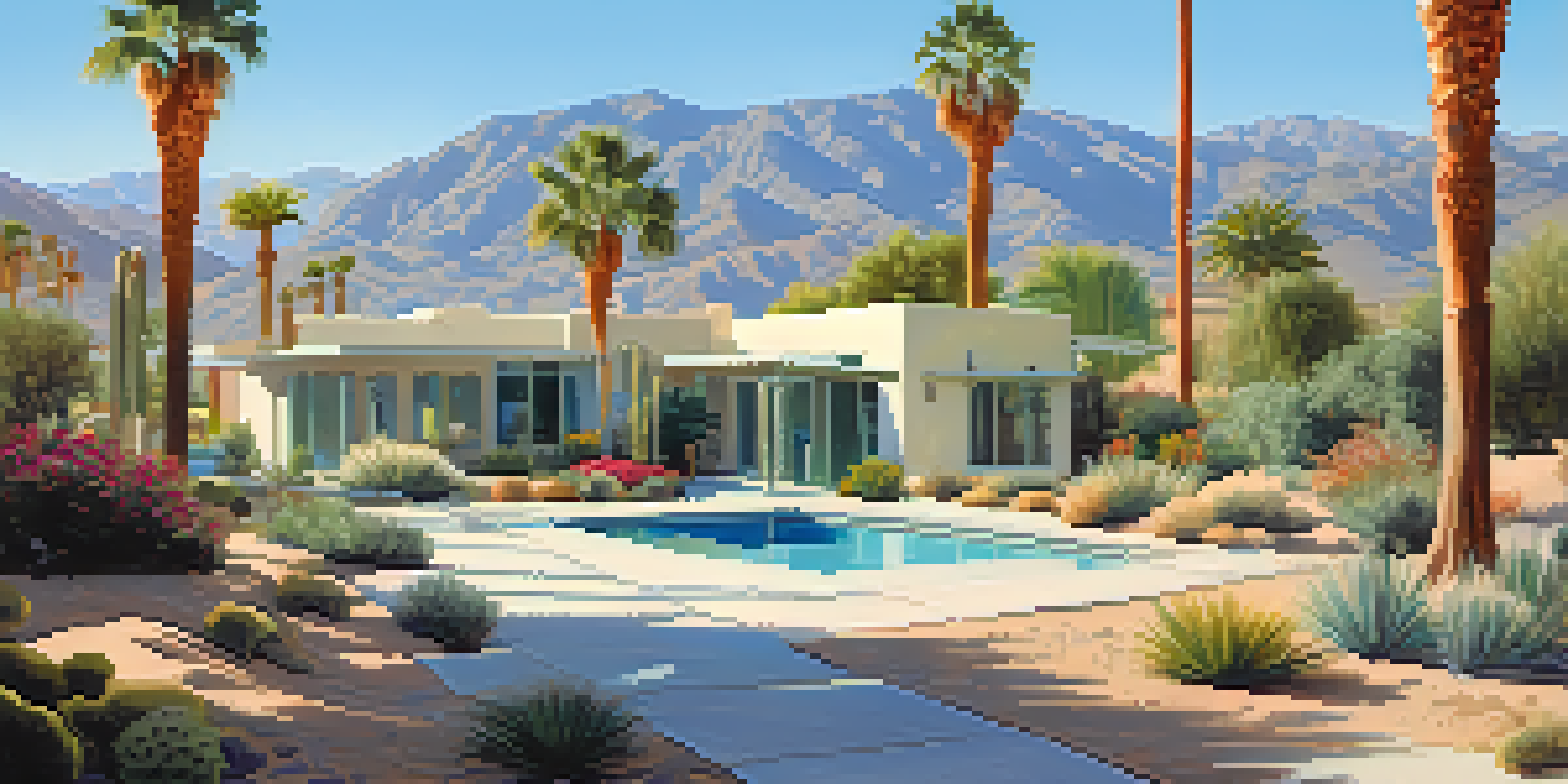 A desert garden in Palm Springs with colorful drought-resistant plants under a blue sky.