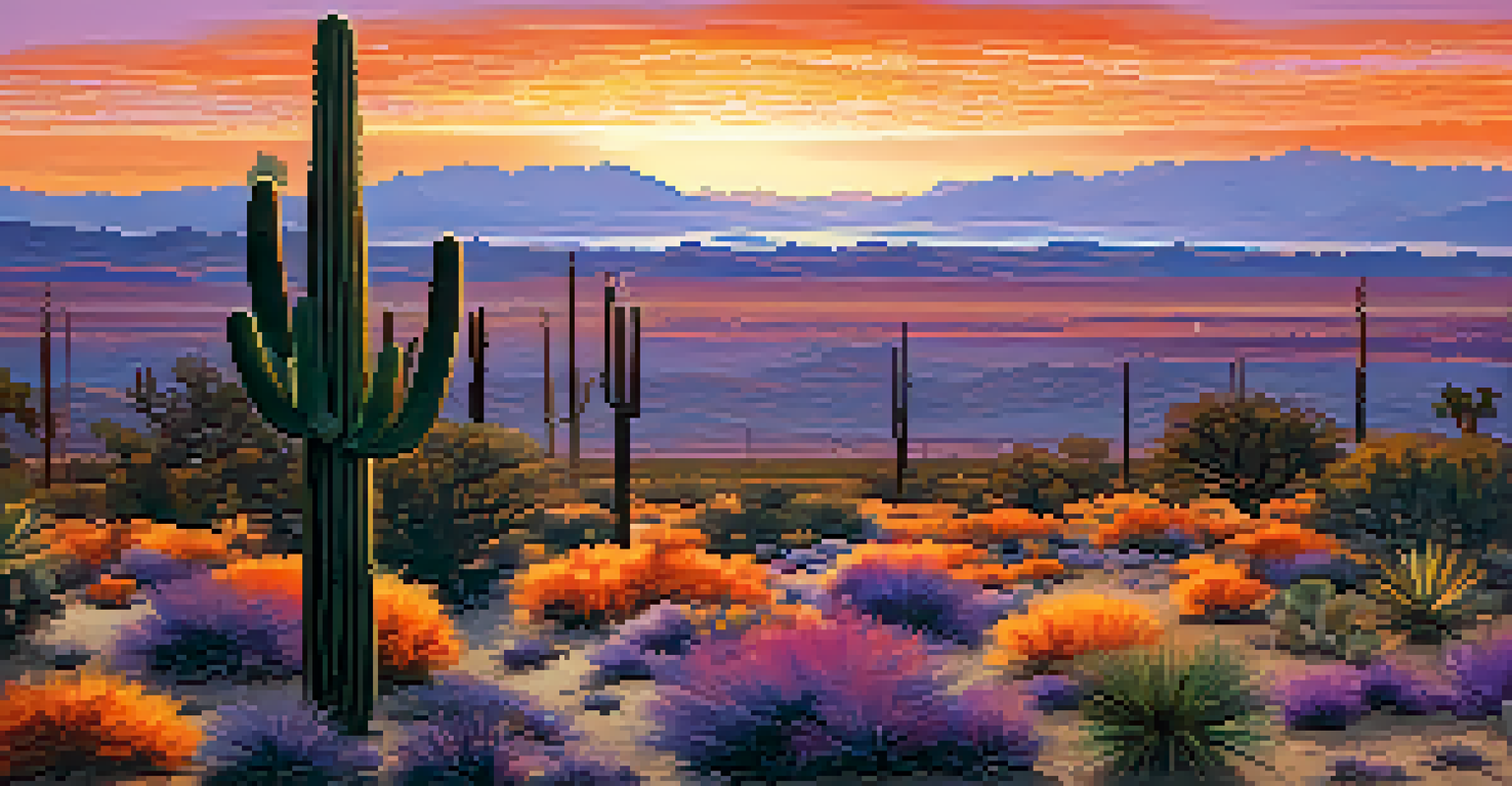 A beautiful sunset landscape in the Coachella Valley with mountains and cacti.