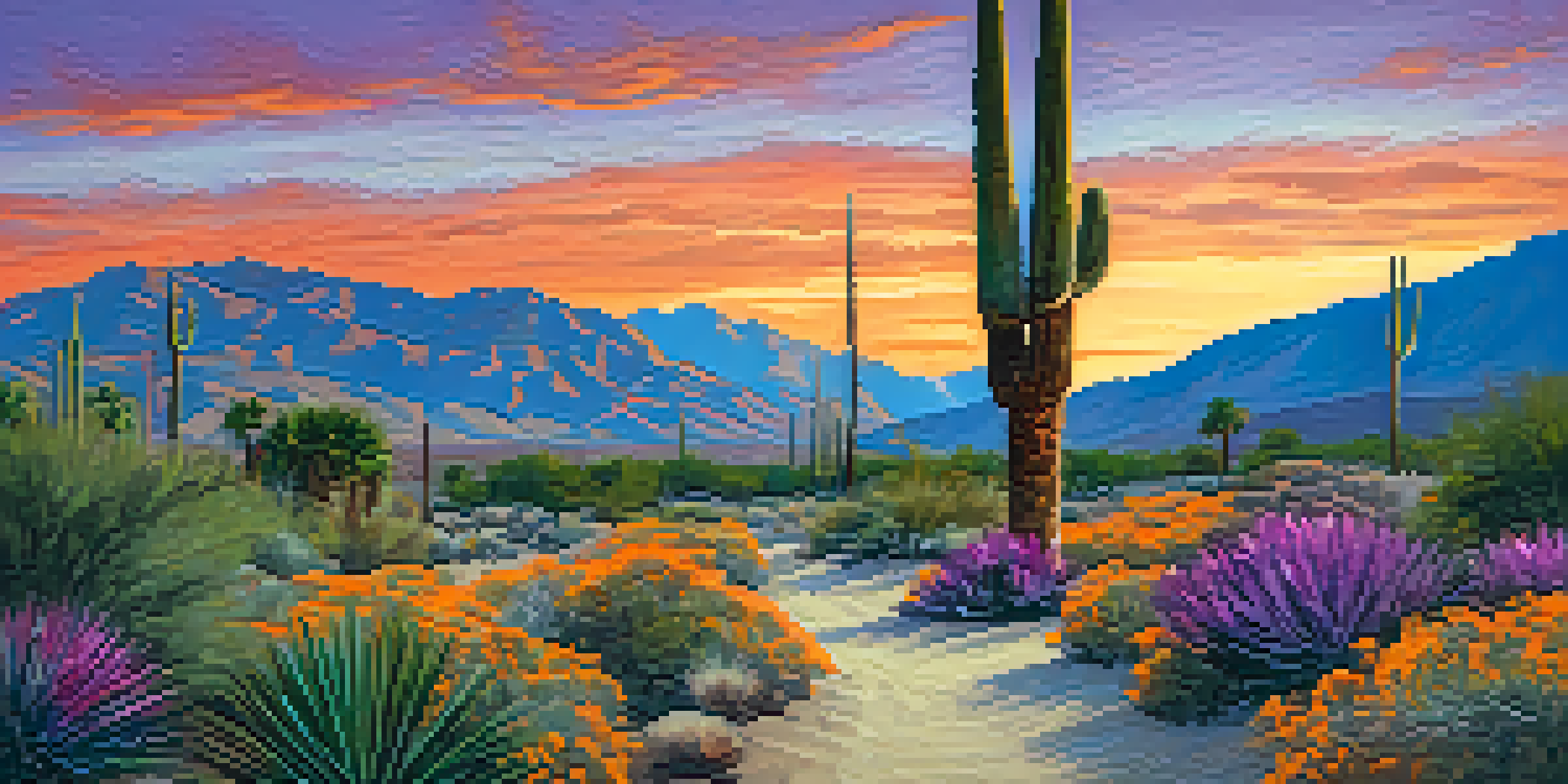 A couple hiking on a winding trail in Palm Springs with vibrant sunset colors in the background and desert plants surrounding them.